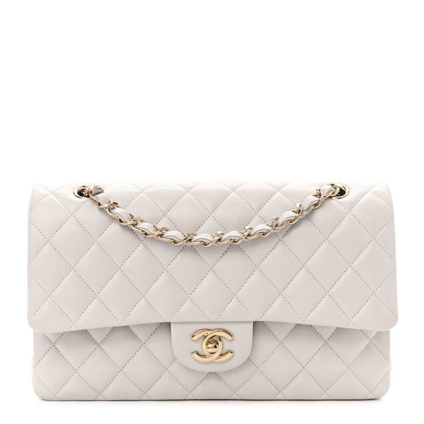 Caviar Quilted Medium Double Flap Light Grey