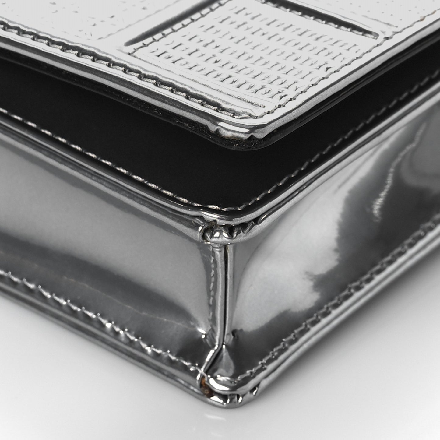 Metallic Patent Micro-Cannage Diorama Wallet on Chain Pouch Silver