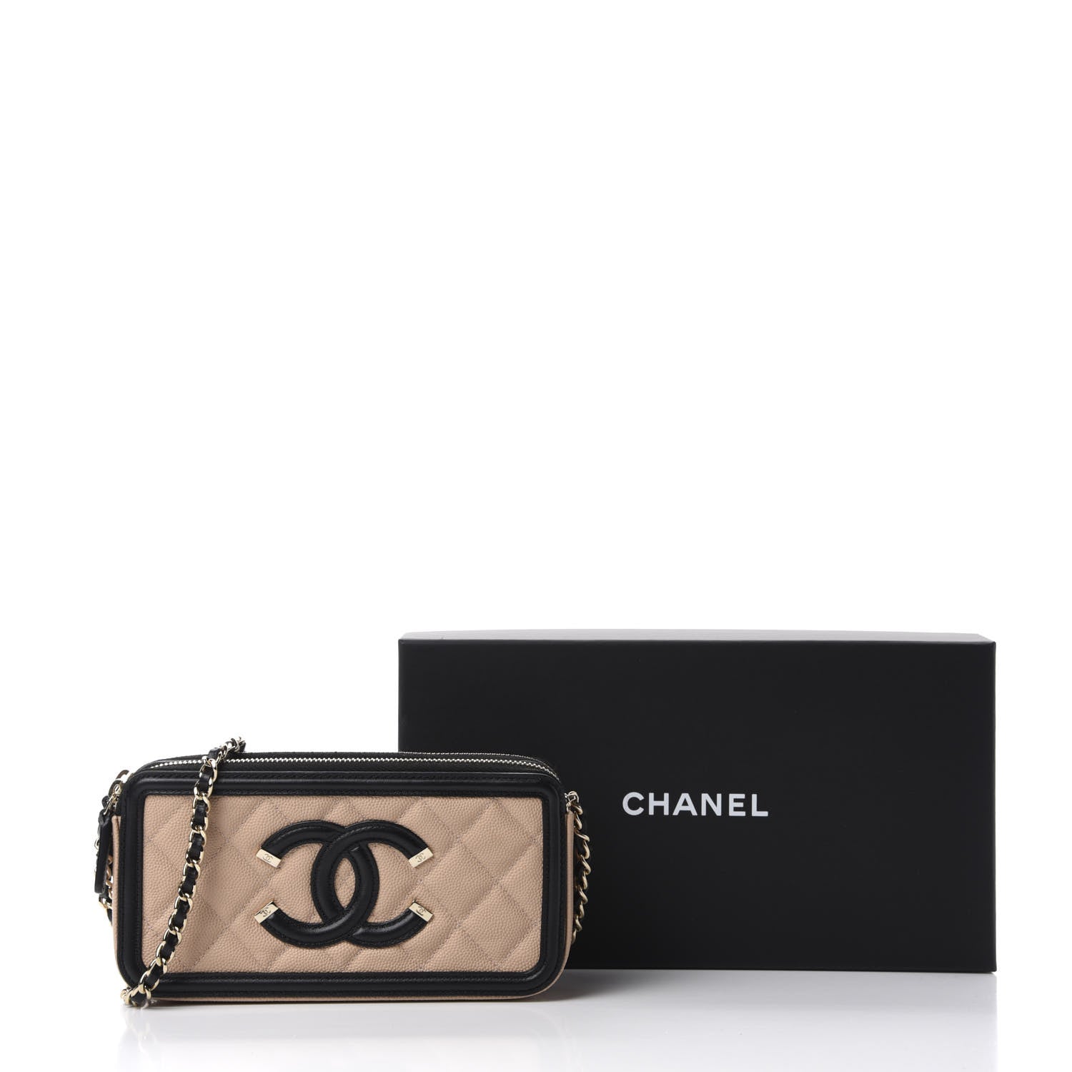 Chanel Caviar Quilted CC Filigree Clutch With Chain Beige Black 12 of 12