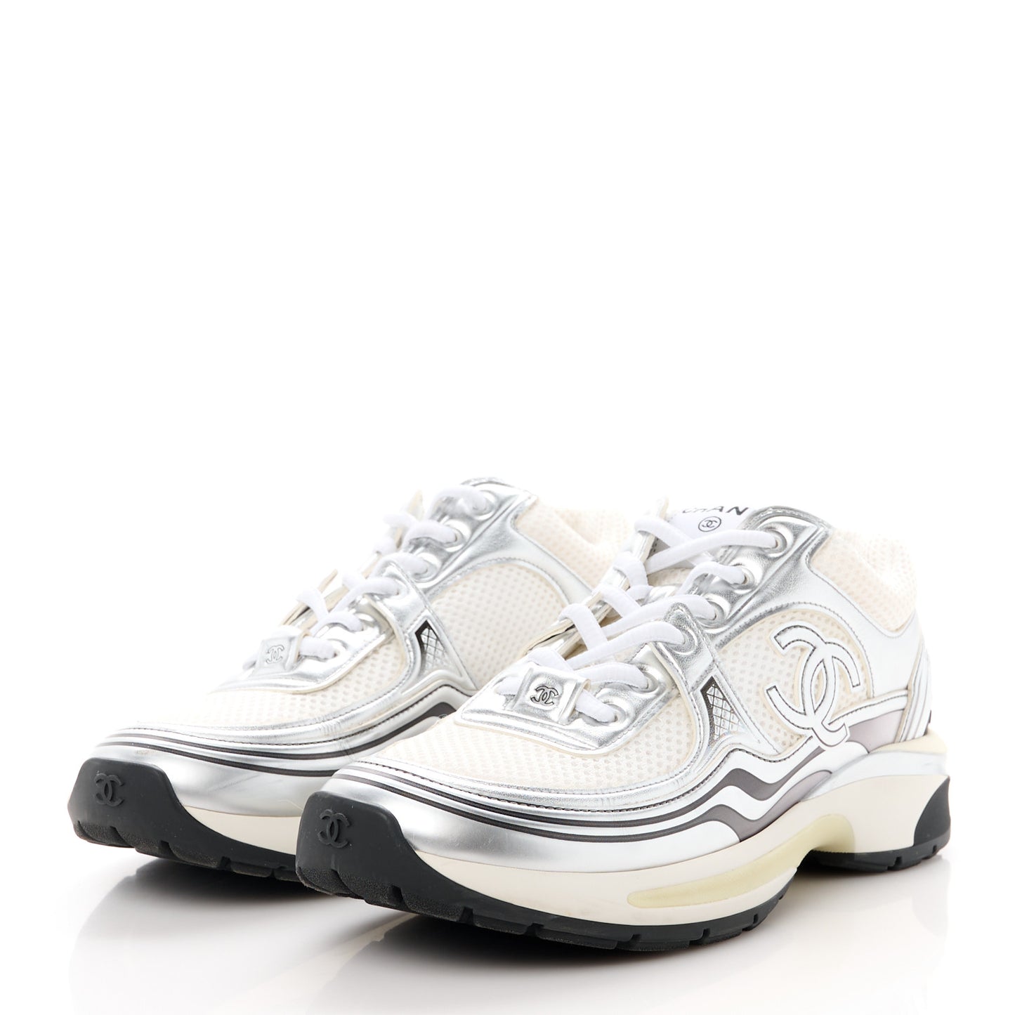 Fabric Laminated Calfskin Stretch CC Womens Sneakers 38 White Silver