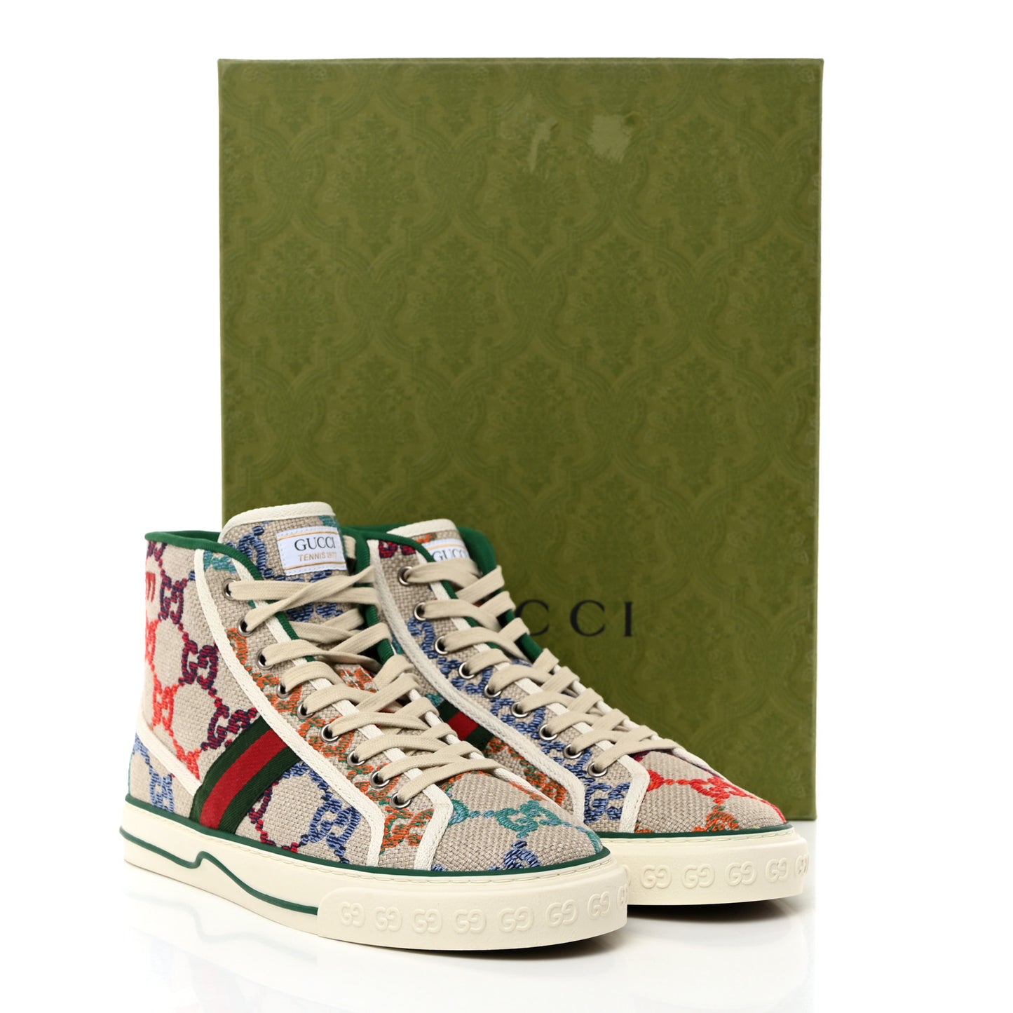 Linen Psychedelic Mini GG Monogram Mens 1977 Tennis High Top Sneakers 8 Multicolor Mystic White