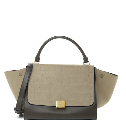 Celine Crocodile Embossed Calfskin Suede Medium Trapeze Taupe 1 of 17