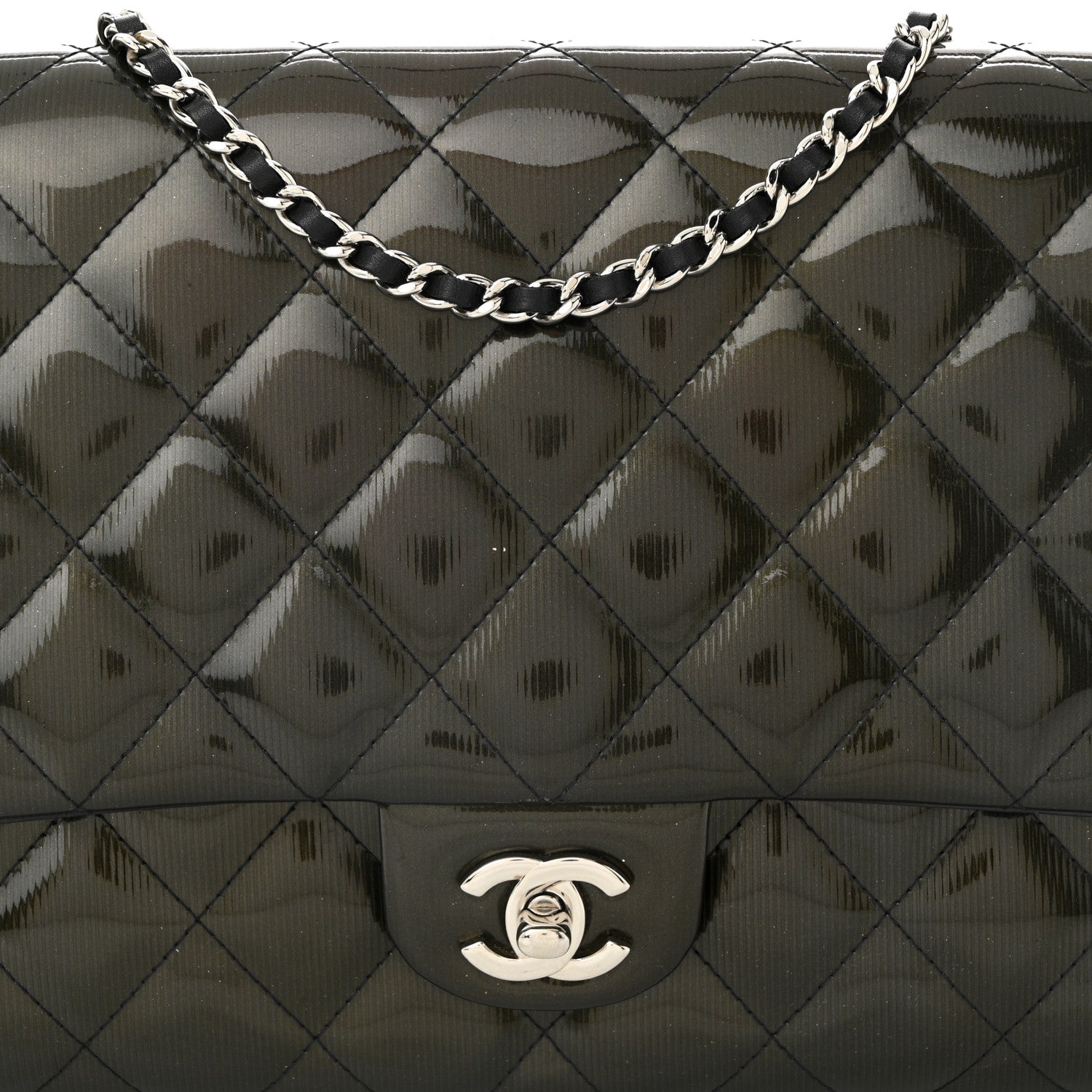 Chanel Striated Patent Quilted Clutch With Chain Flap Dark Grey 8 of 10