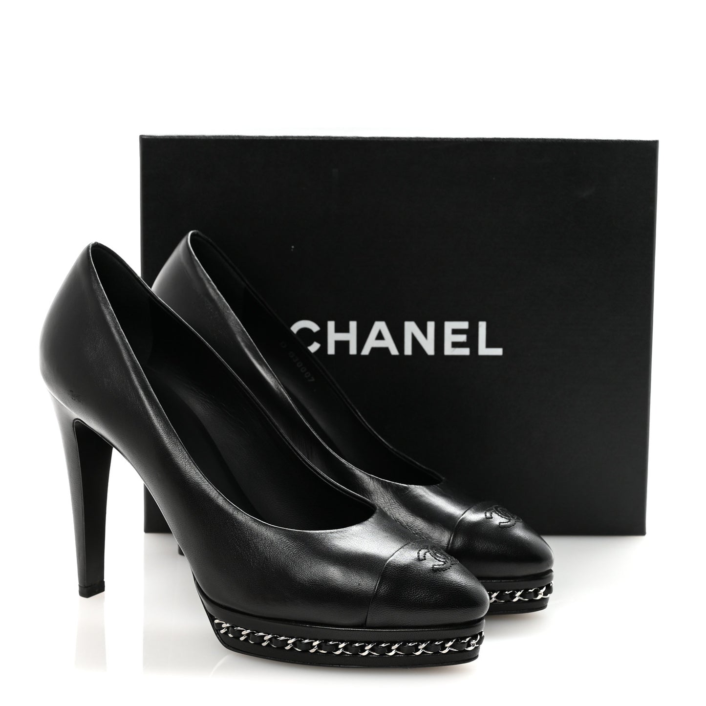 Lambskin CC Cap Toe Platform Chain Pumps 40 Black
