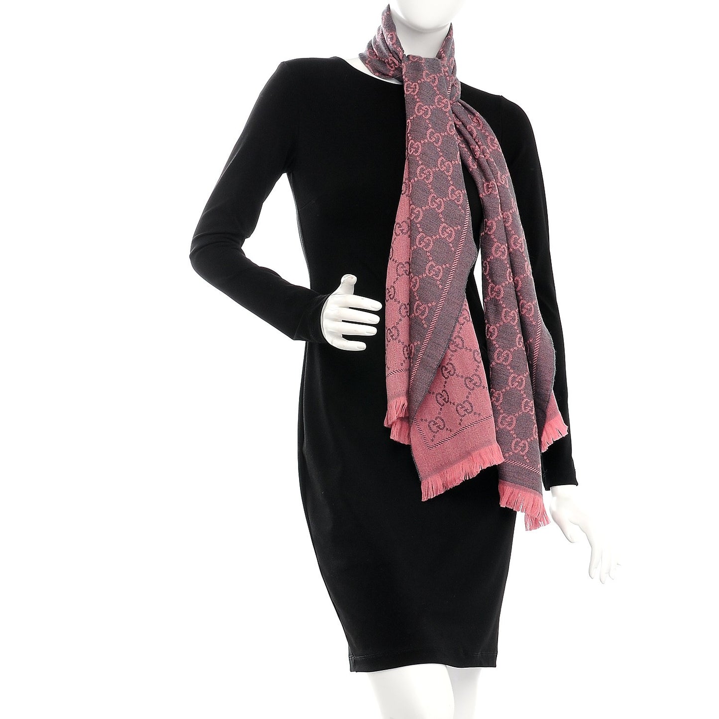Wool Jacquard GG Monogram Sten Fringe Scarf Graphite Pink