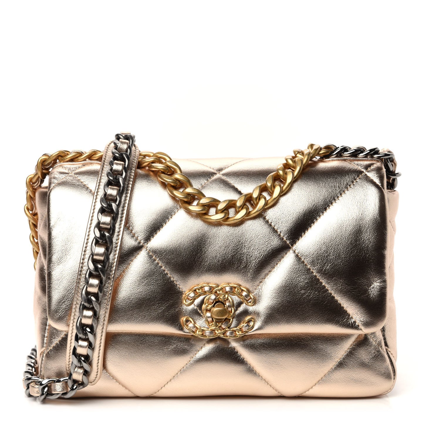 Metallic Lambskin Quilted Medium 19 Flap Gold