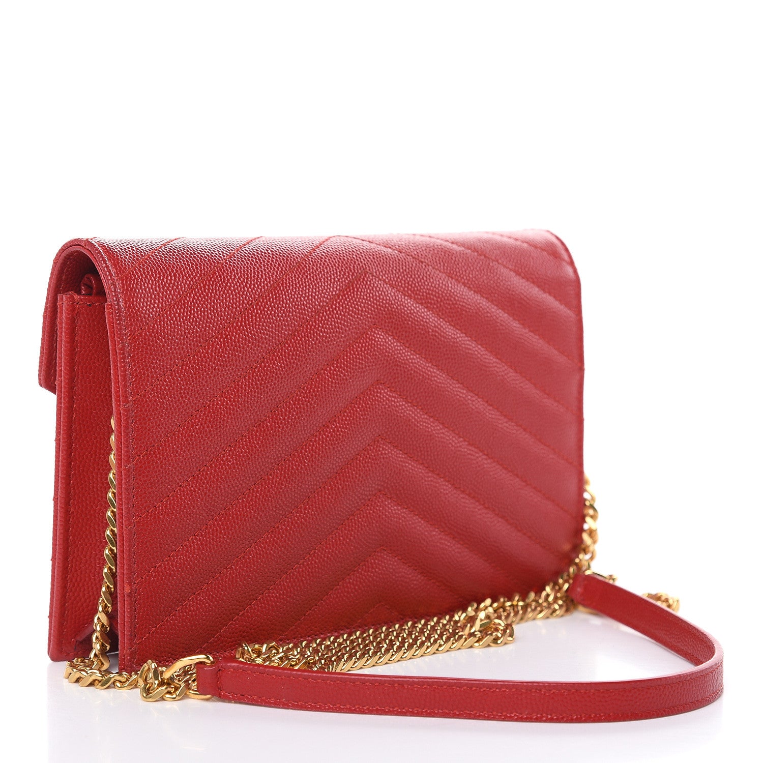 Saint Laurent Grain De Poudre Matelasse Chevron Monogram Envelope Chain Wallet New Red 3 of 12