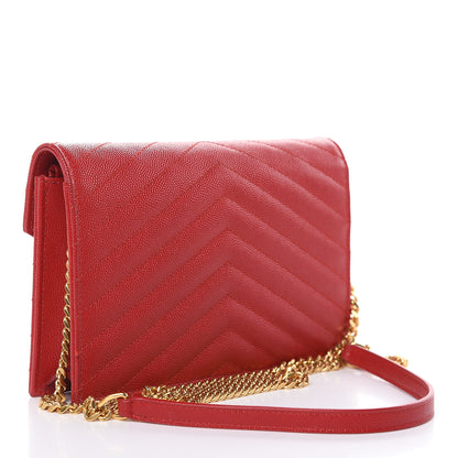 Saint Laurent Grain De Poudre Matelasse Chevron Monogram Envelope Chain Wallet New Red 3 of 12