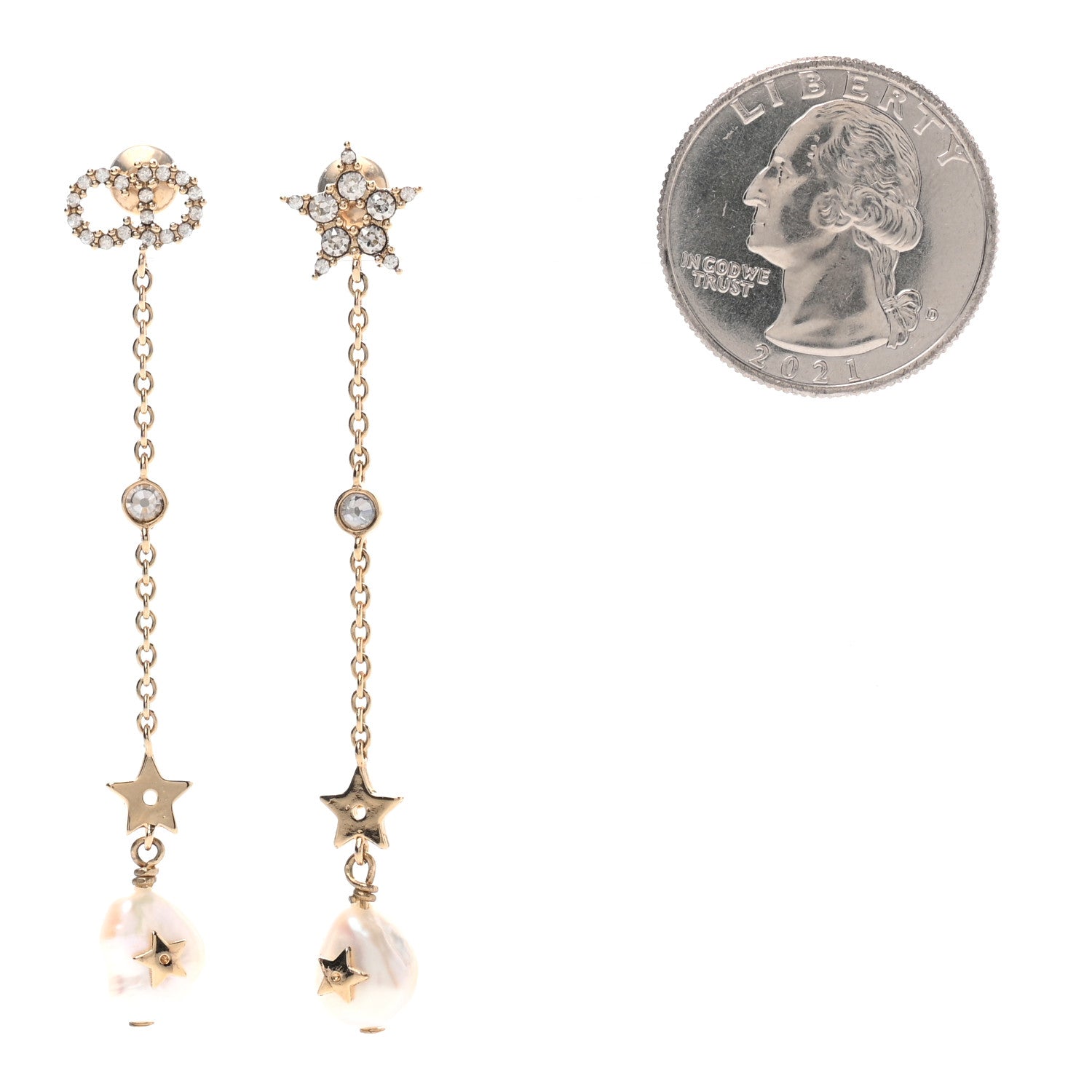 Christian Dior Pearl Crystal Shiny-D Dangle Chain Earrings Gold 2 of 4