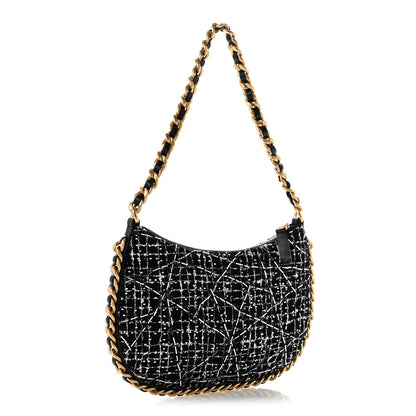 Chanel Tweed Sequin Quilted Trendy Chain Around Hobo Black White 3 of 11