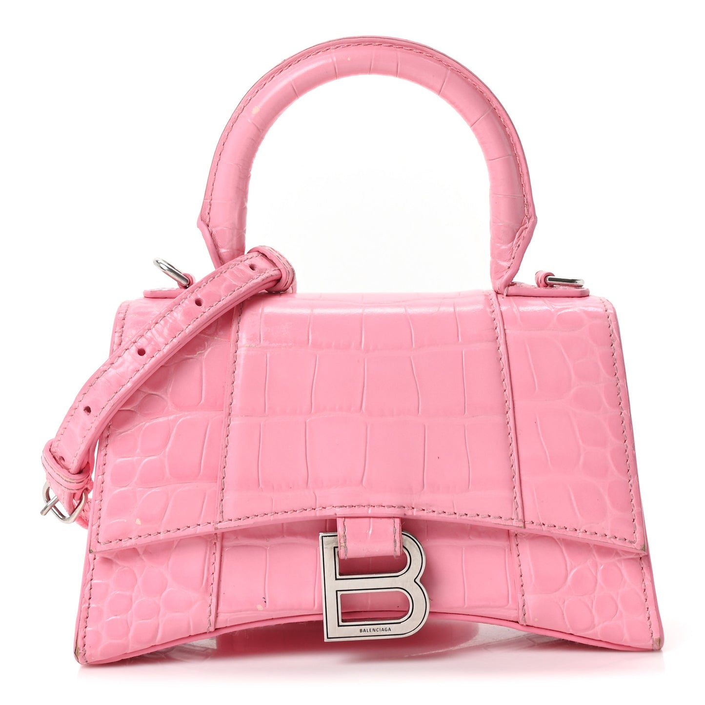 Shiny Calfskin Crocodile Embossed Hourglass Top Handle Bag XS Sweet Pink
