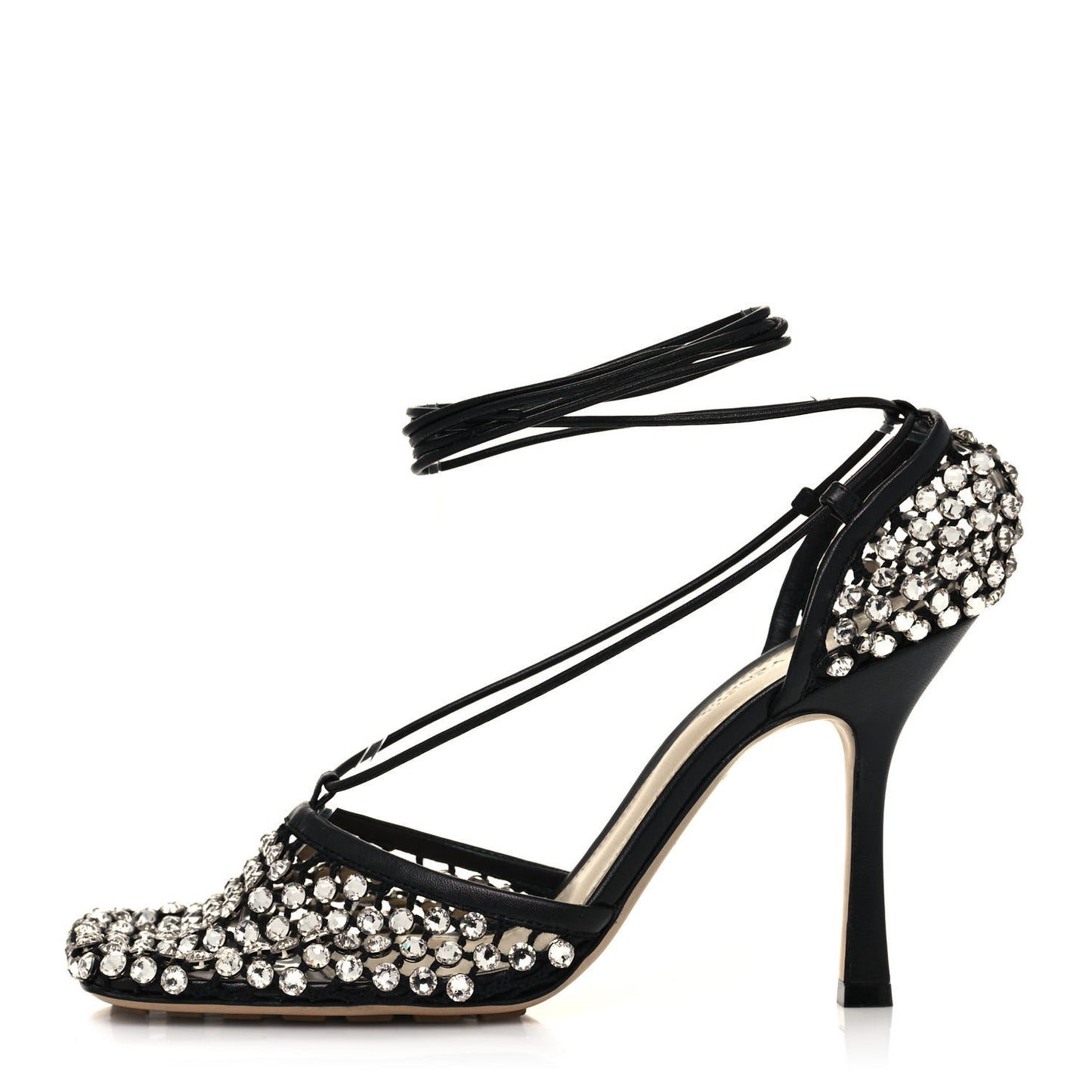 Mesh Nappa Crystal Embellished Sparkle Stretch Ankle Tie Sandals 40 Black