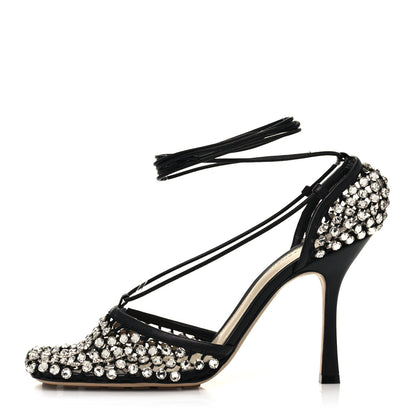 Bottega Veneta Mesh Nappa Crystal Embellished Sparkle Stretch Ankle Tie Sandals 40 Black 1 of 9
