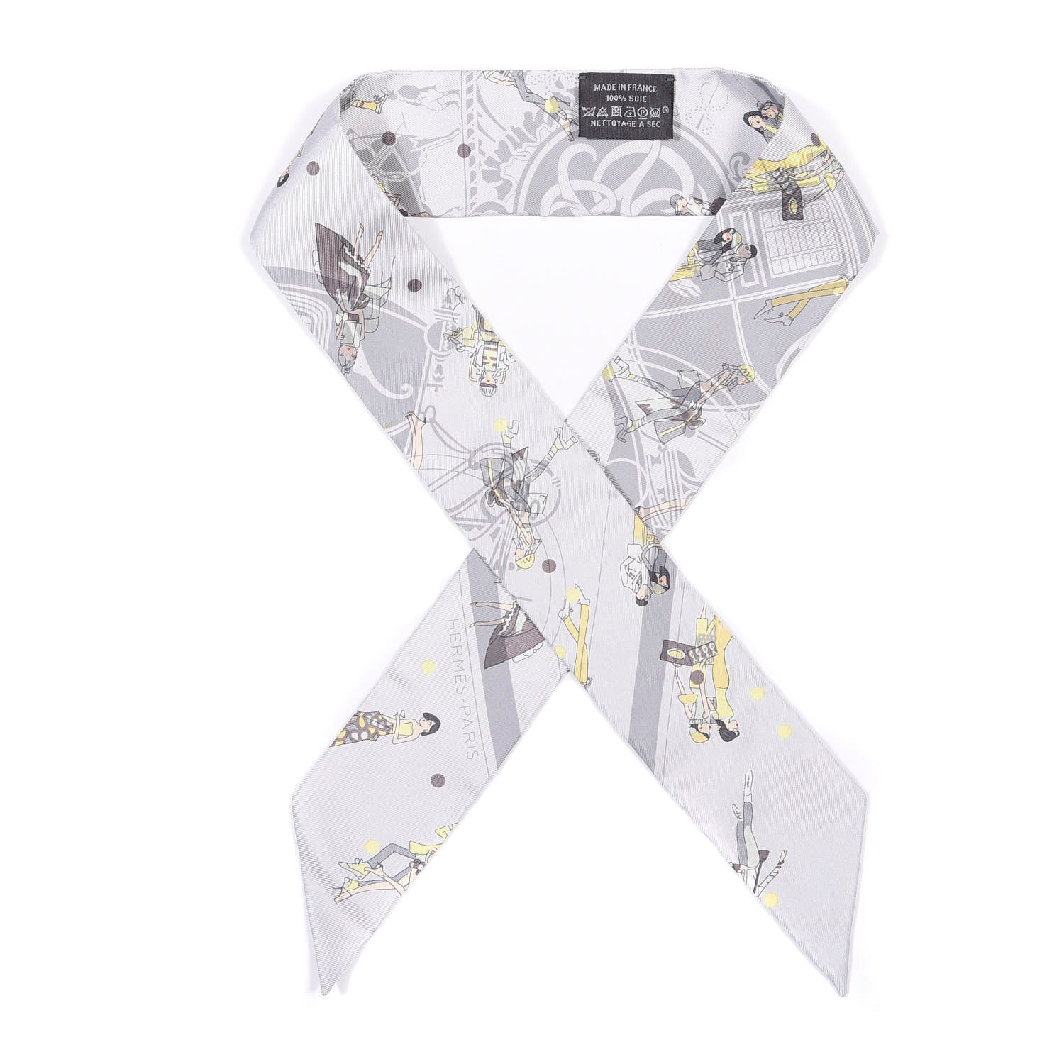 Hermes Silk Ex-Libris Les Parisie Twilly Gris Perle Jaune Soufre 1 of 4