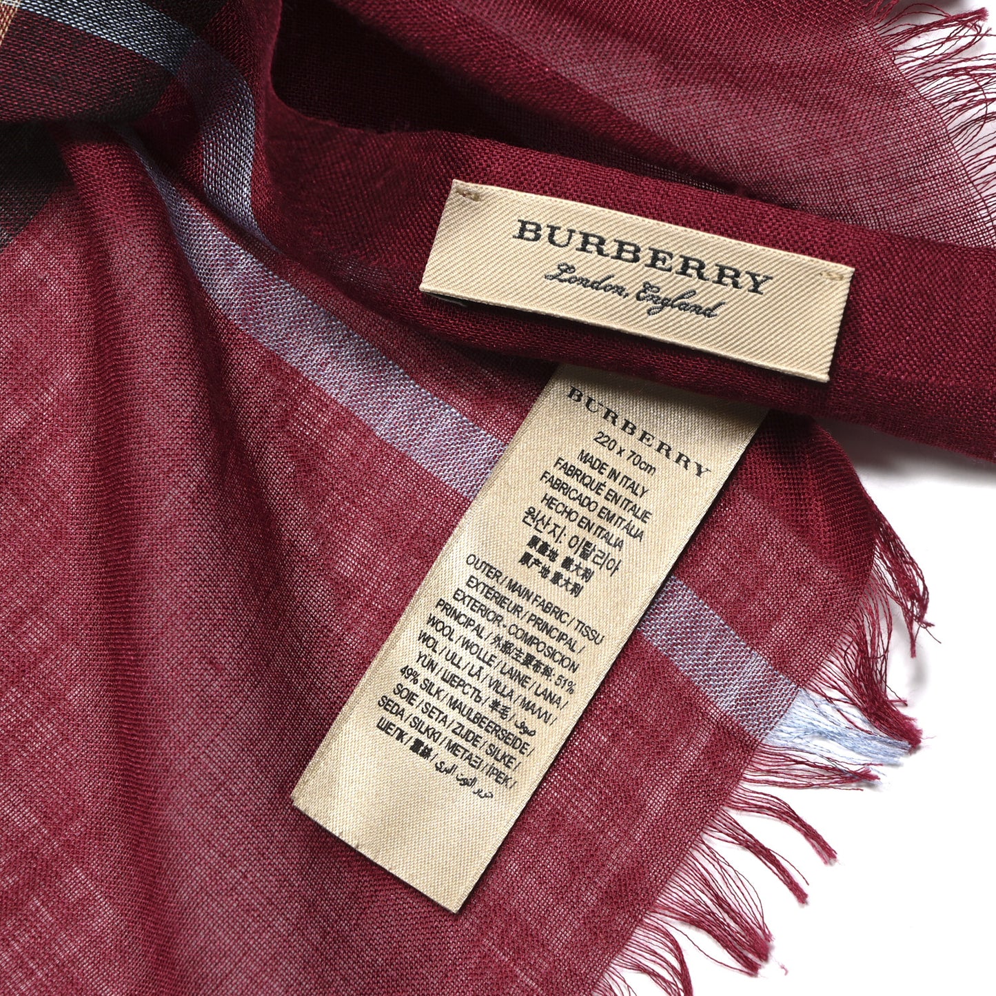 Wool Silk Gauze Giant Check Lightweight Scarf Damson Pink