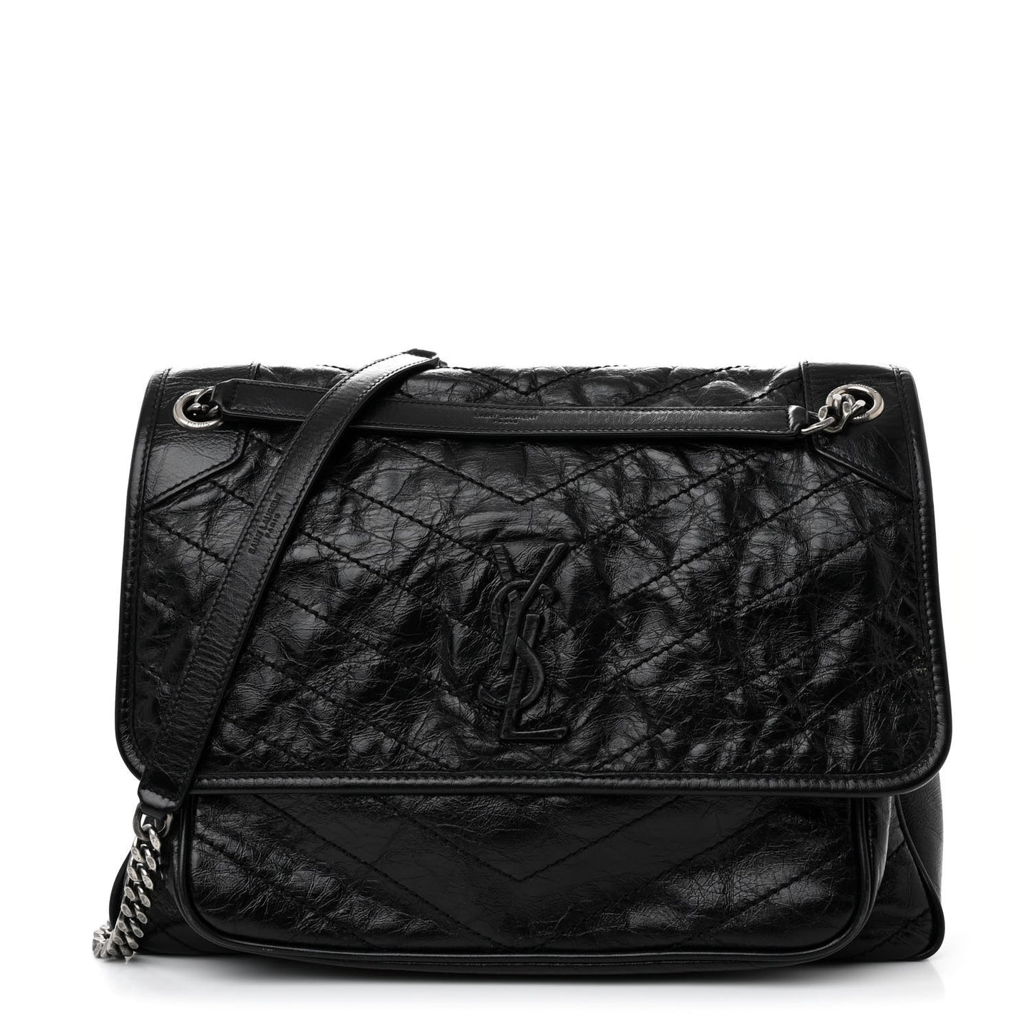 Crinkled Calfskin Matelasse Monogram Large Niki Chain Satchel Black
