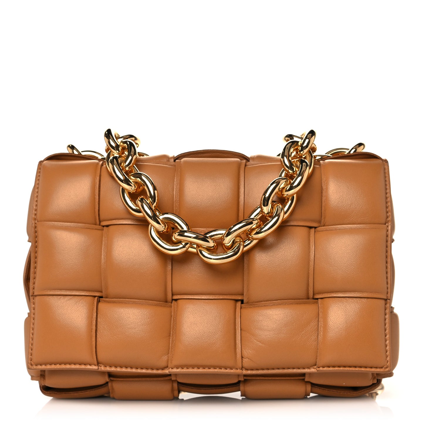 Lambskin Maxi Intreccio Padded Chain Cassette Crossbody Bag Caramel