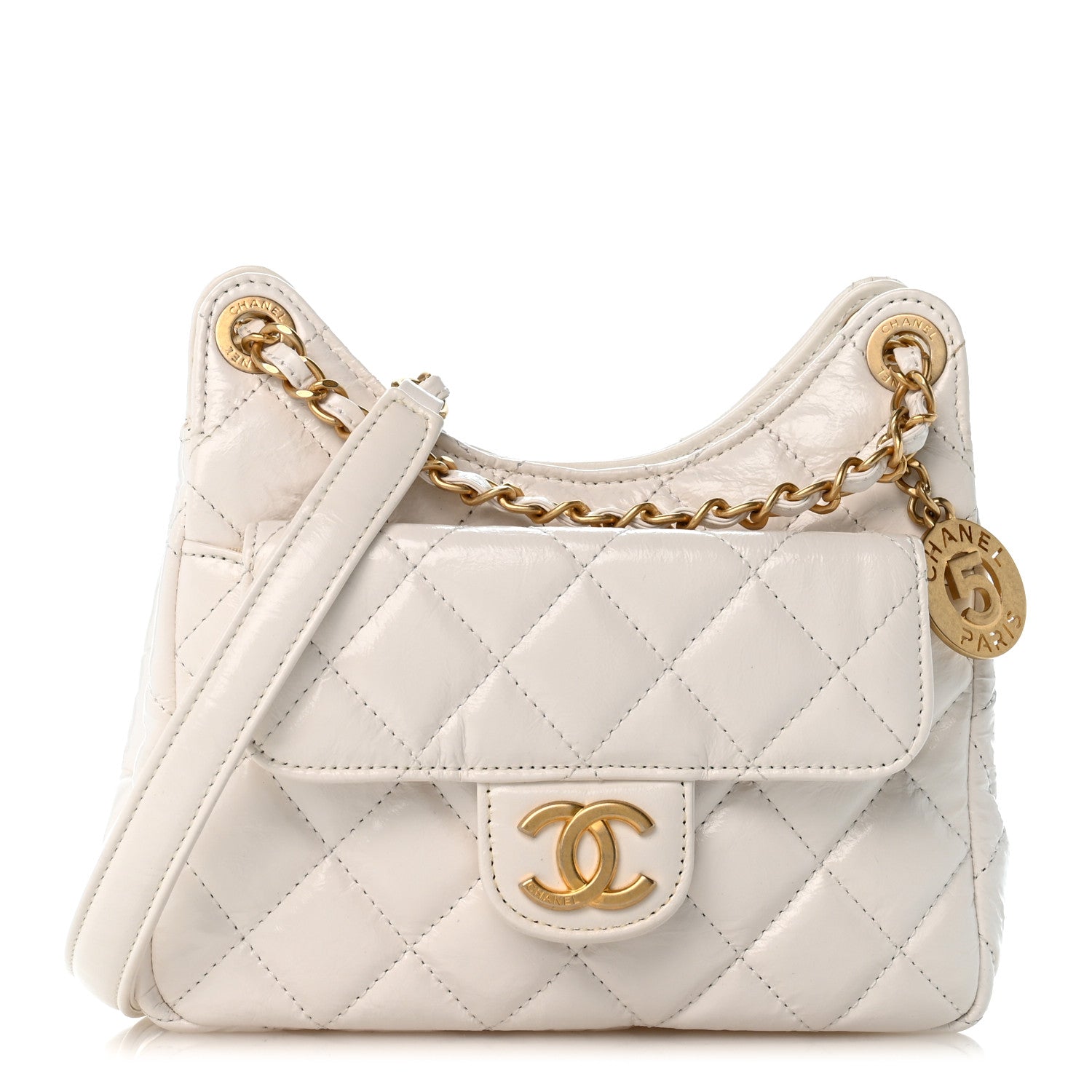 Chanel Shiny Crumpled Calfskin Quilted Small Wavy CC Hobo White 1 of 11