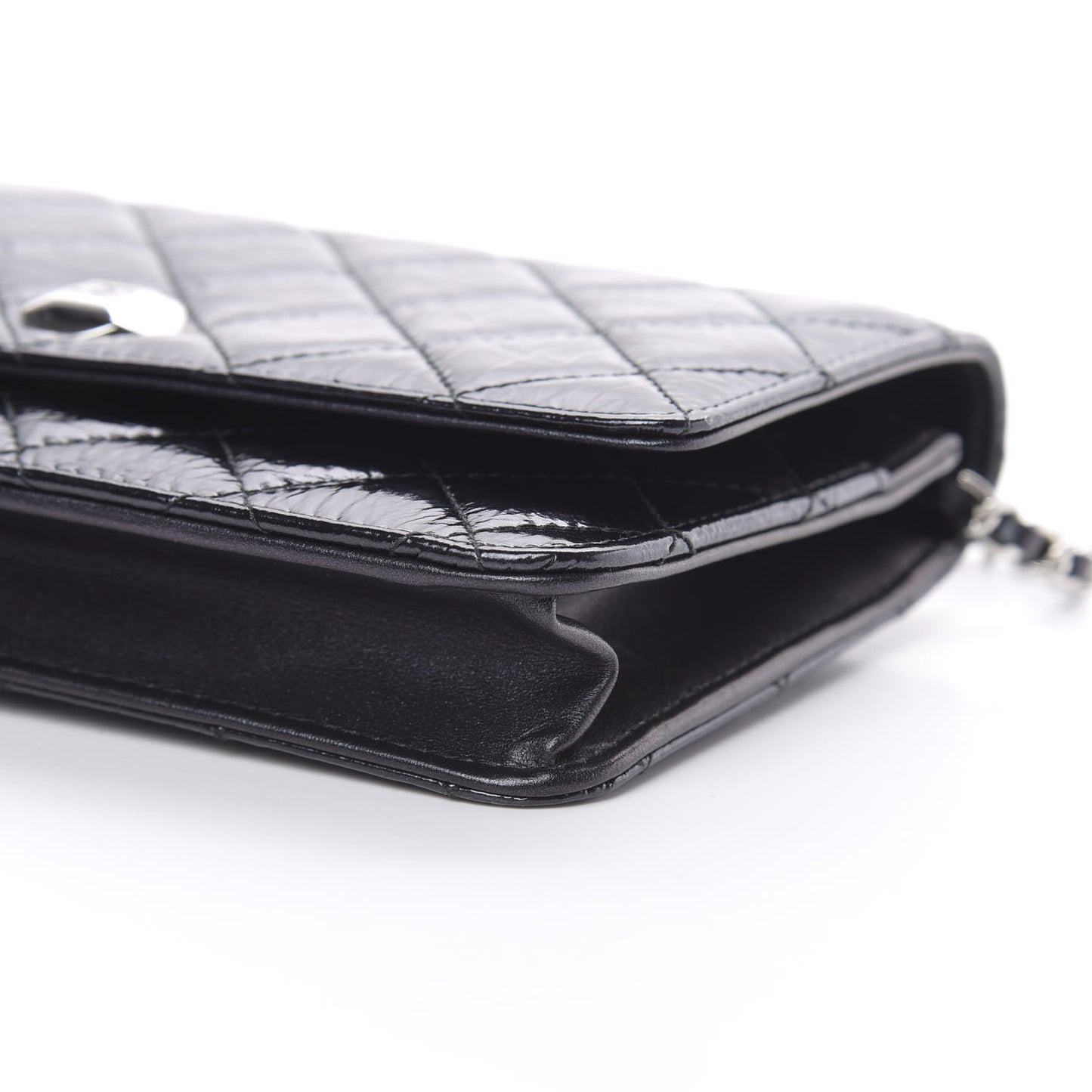 Patent Metallic Crumpled Calfskin Quilted Wallet On Chain WOC Navy