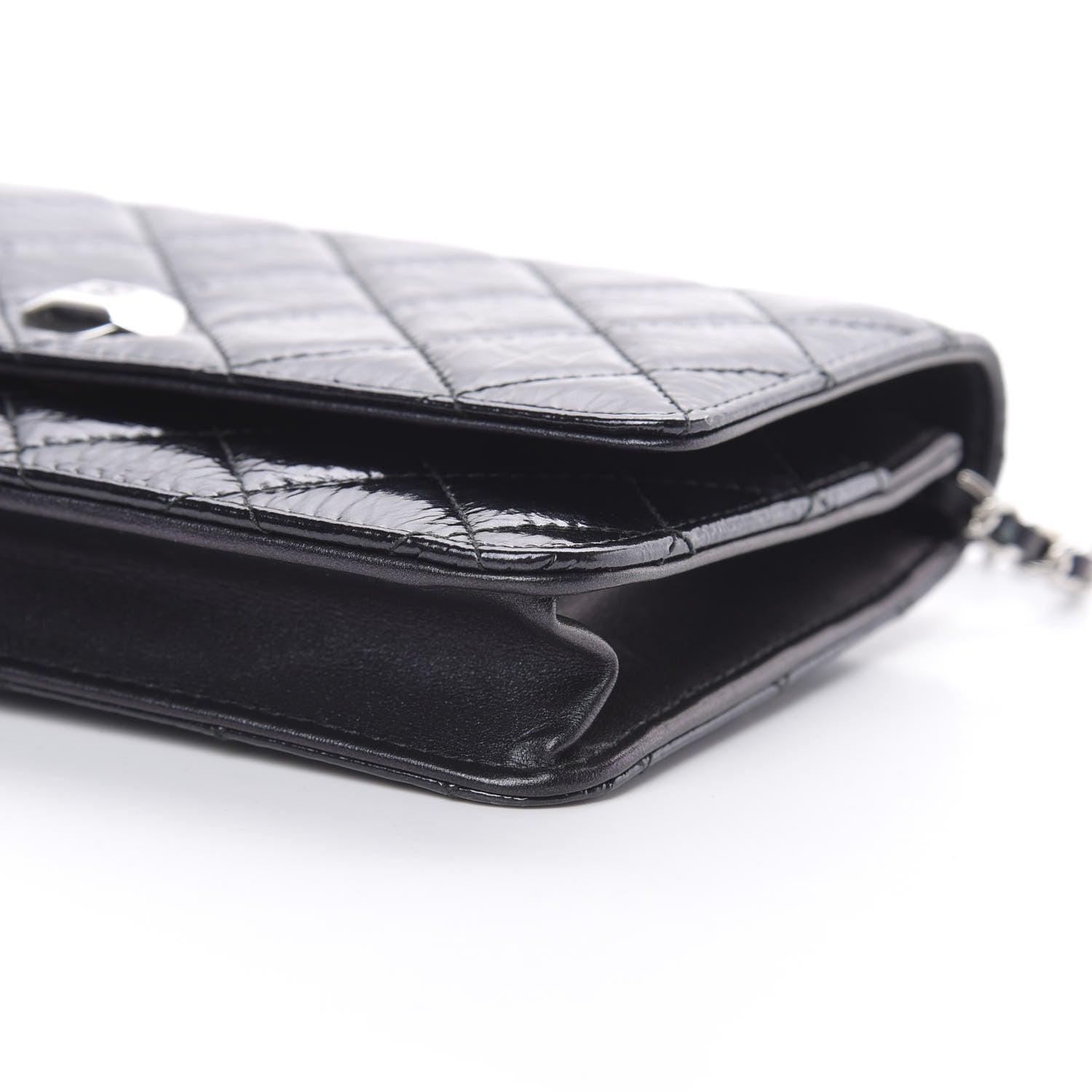 Chanel Patent Metallic Crumpled Calfskin Quilted Wallet On Chain WOC Navy 11 of 12