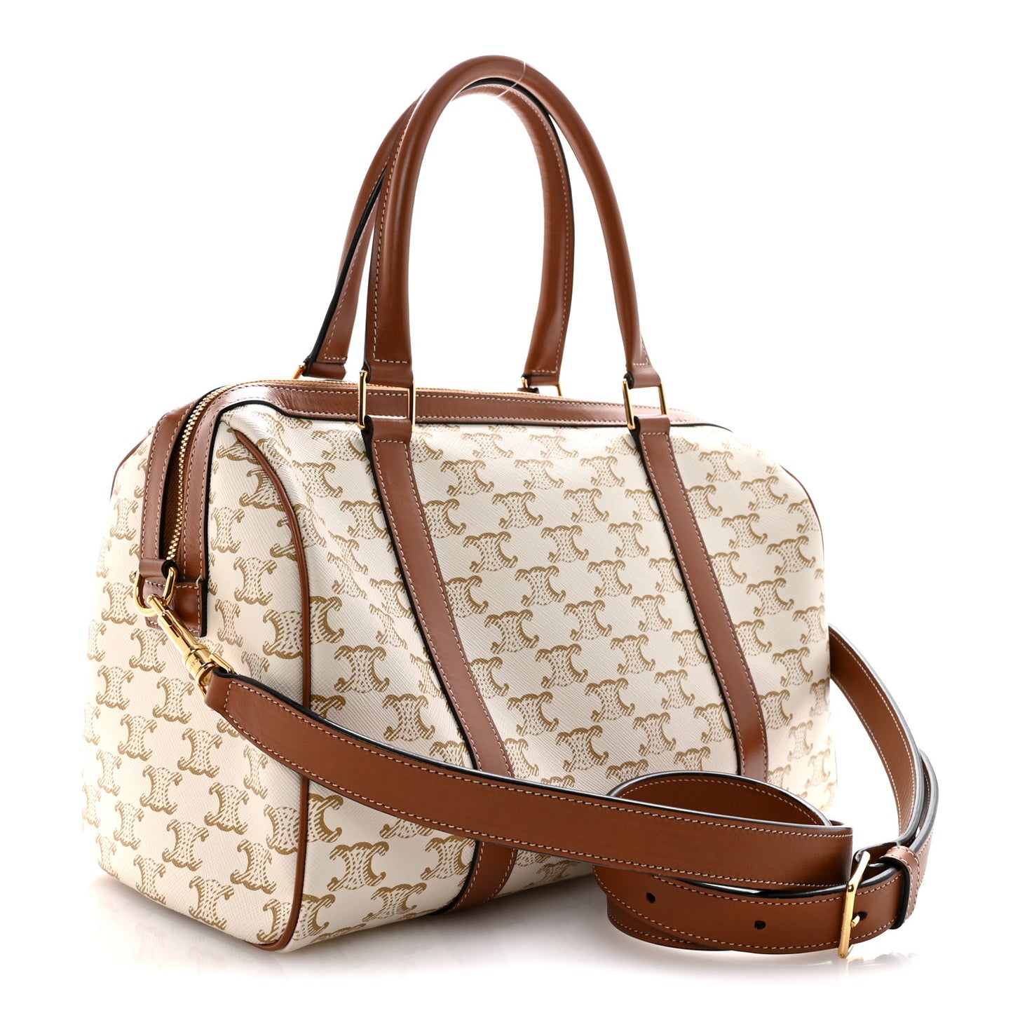 Triomphe Canvas Calfskin Boston Bag White
