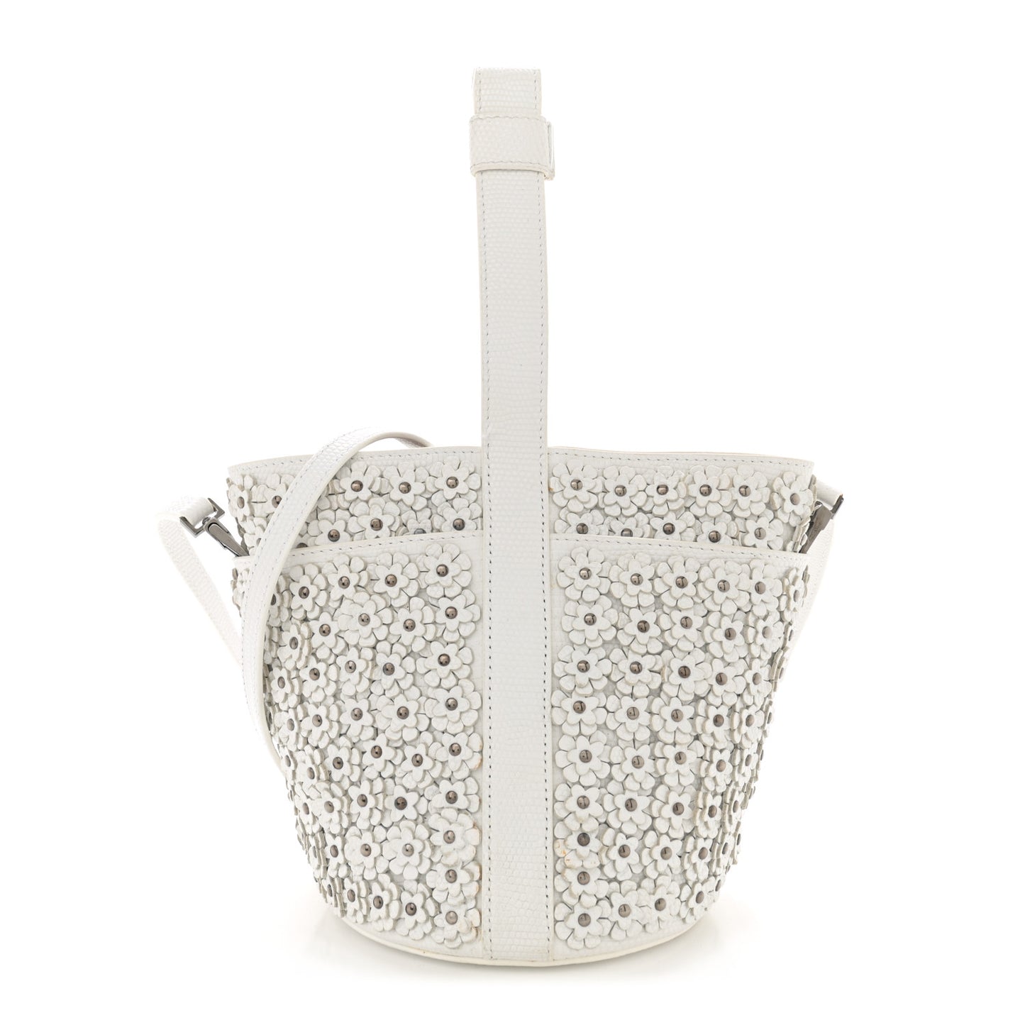 Lizard Embossed Calfskin Flower Applique Bucket Bag White