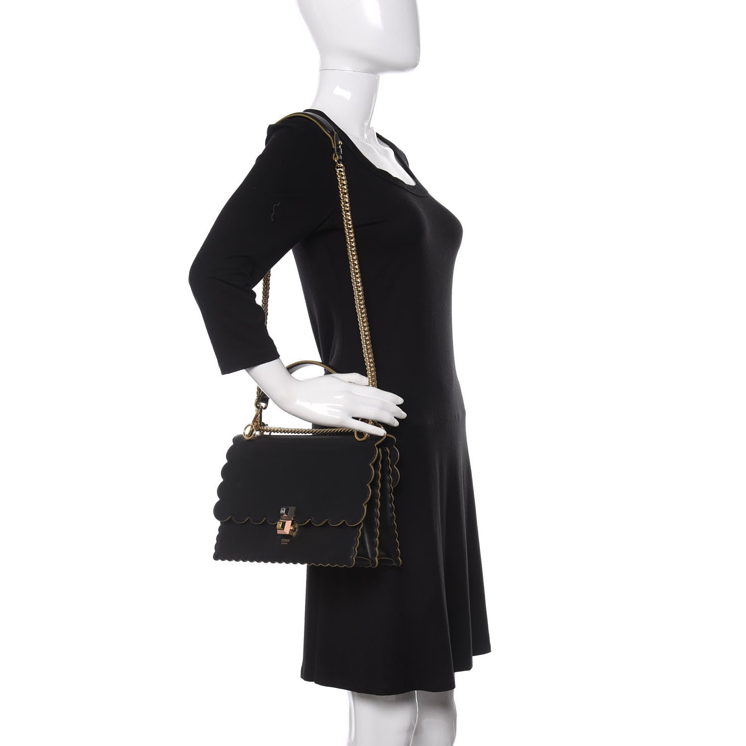 Fendi Vitello Liberty Scalloped Studded Kan I Shoulder Bag Black 2 of 11