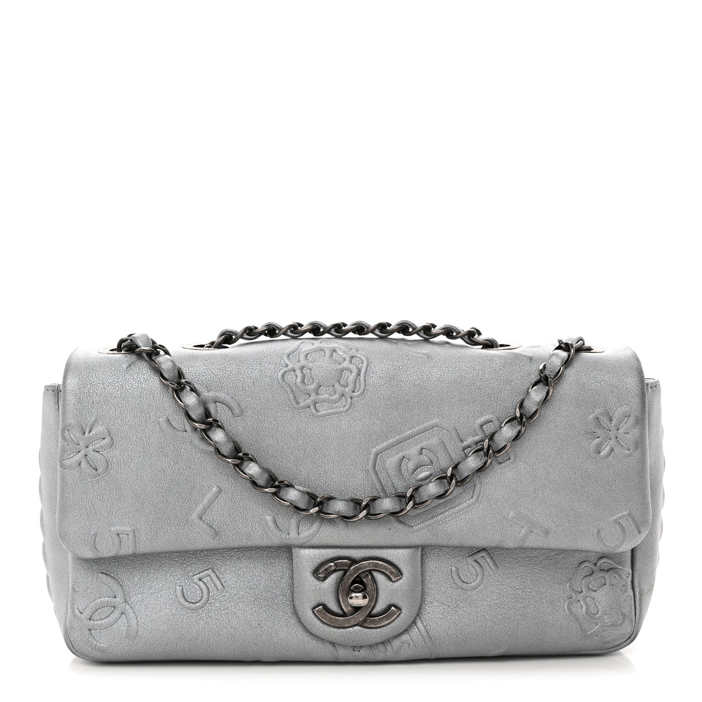 Metallic Lambskin Symbols Medium Single Flap Silver