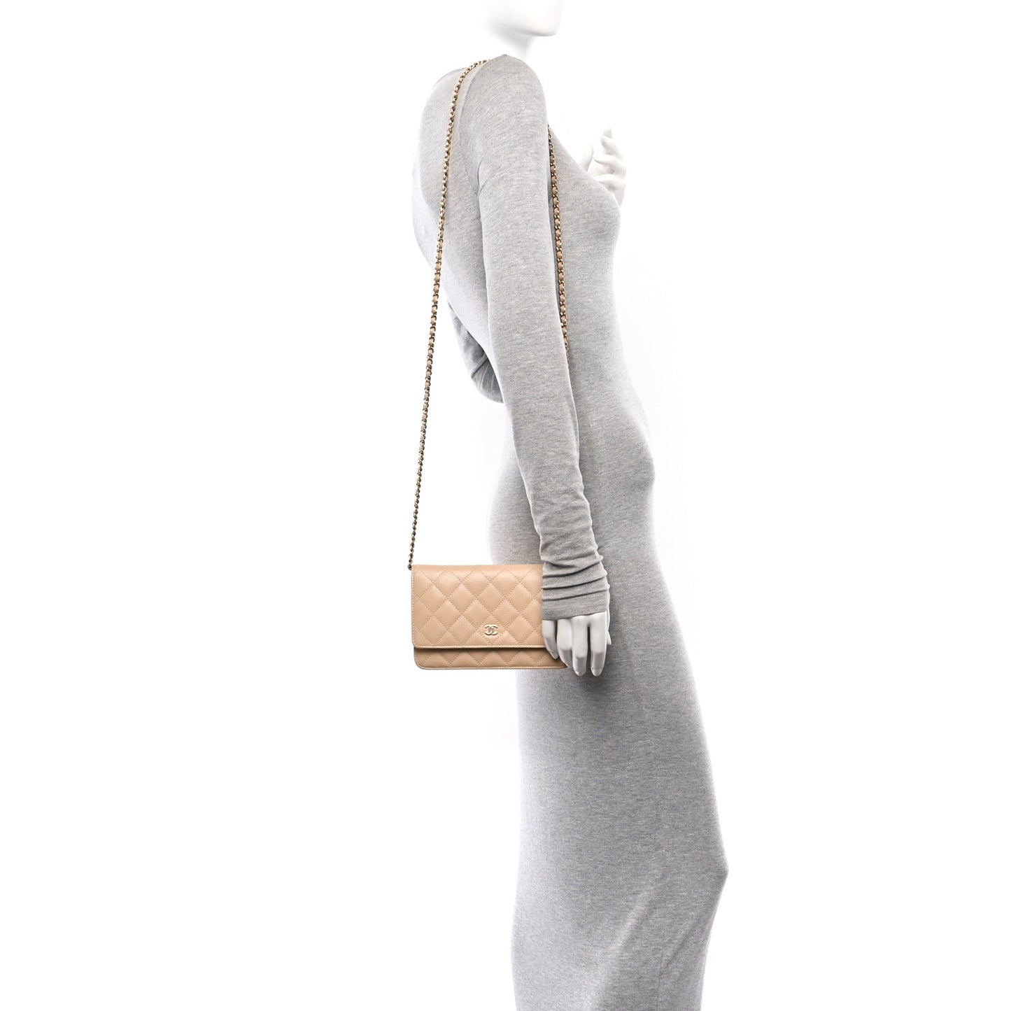 Caviar Quilted Wallet on Chain WOC Beige