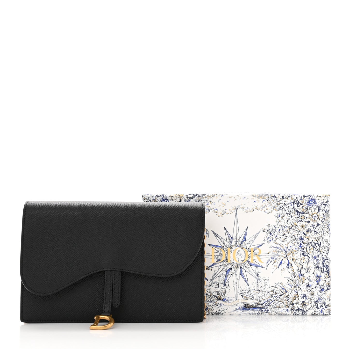 Grained Calfskin Saddle Chain Pouch Black