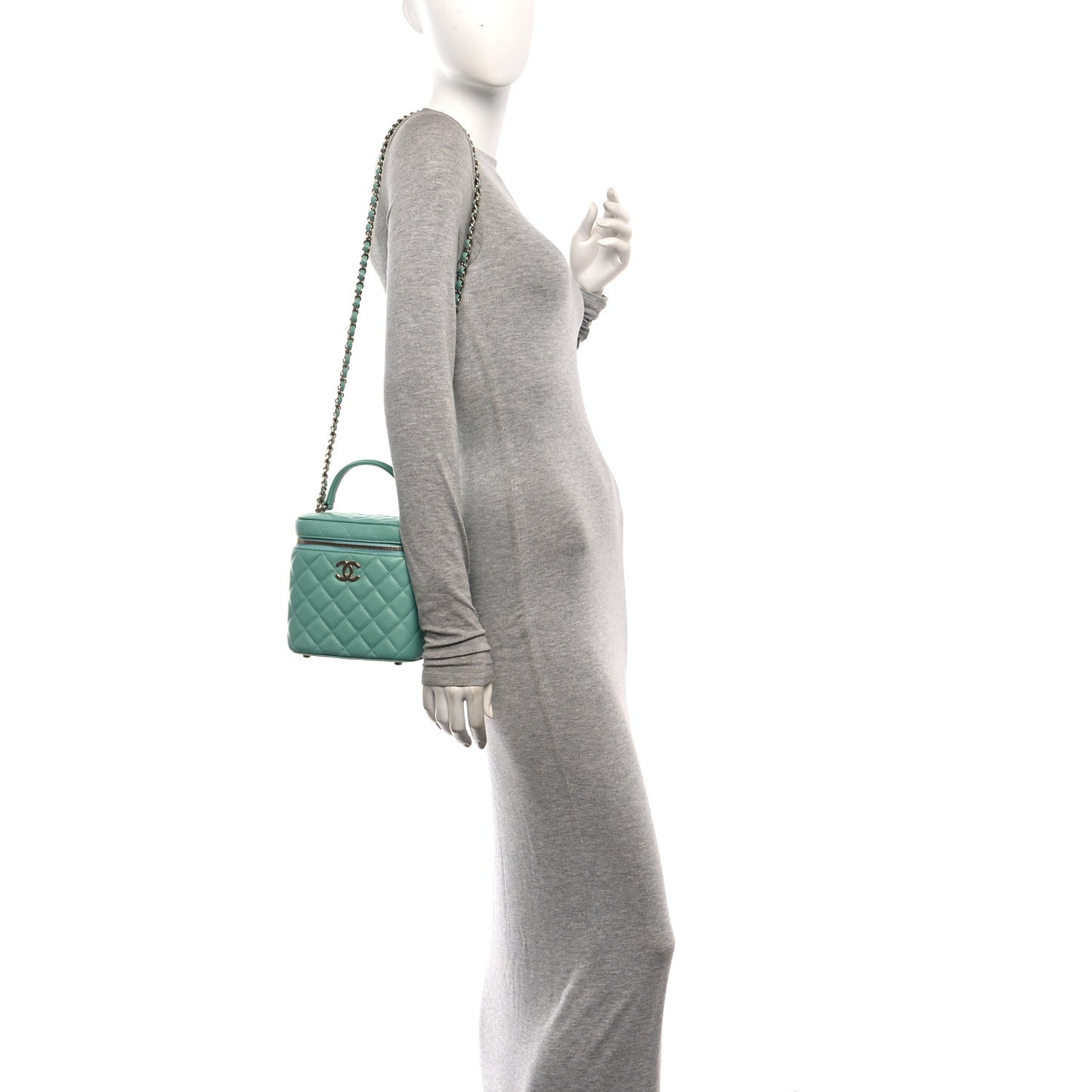 Caviar Quilted Small Top Handle Vanity Case With Chain Light Blue