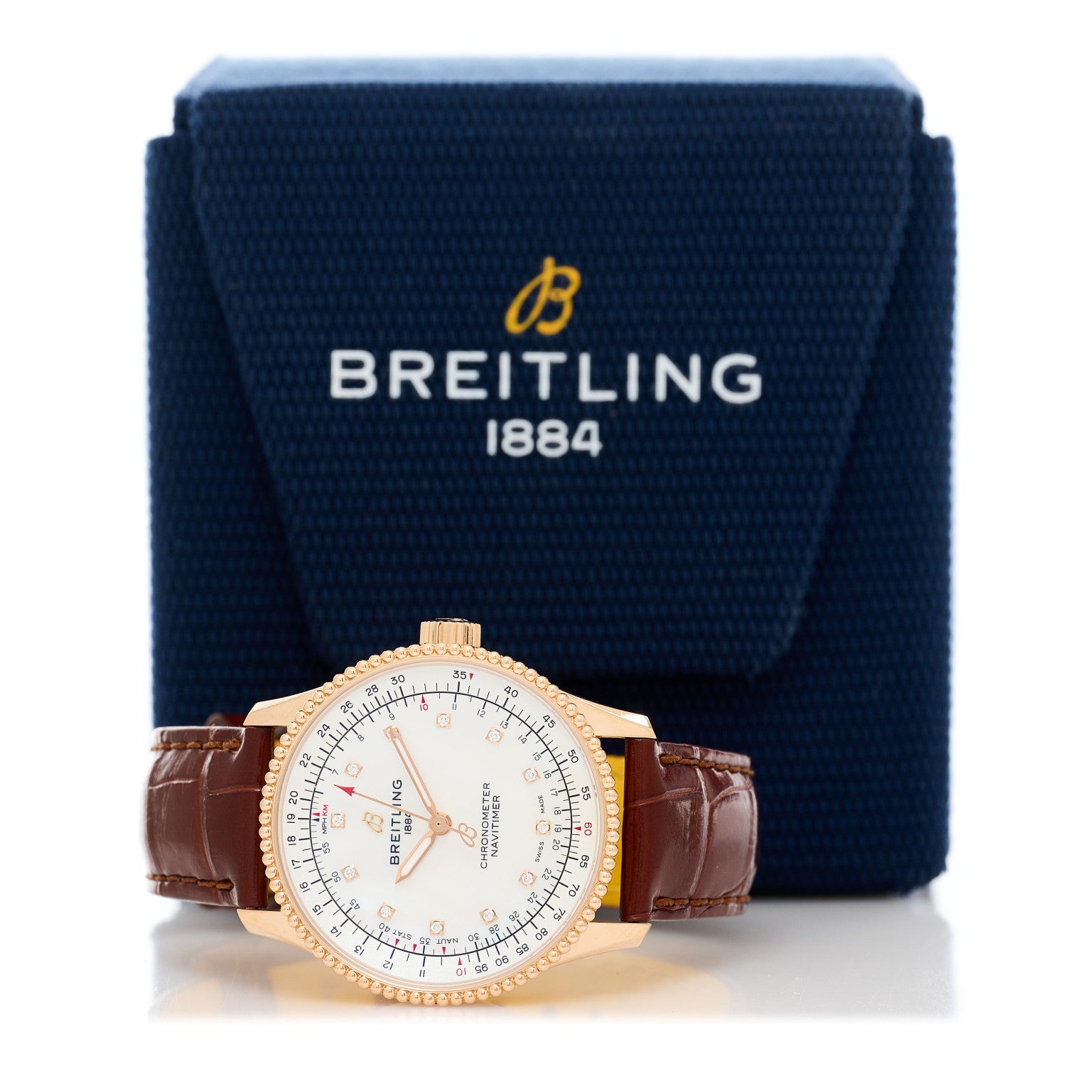 Breitling 18K Rose Gold Alligator Diamond 35mm Navitimer Chronograph Automatic Watch White R17395 5 of 5