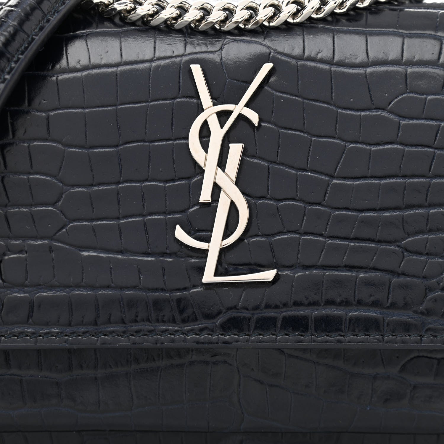 Saint Laurent Calfskin Crocodile Embossed Monogram Sunset Chain Wallet Navy 8 of 10