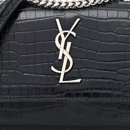 Saint Laurent Calfskin Crocodile Embossed Monogram Sunset Chain Wallet Navy 8 of 10