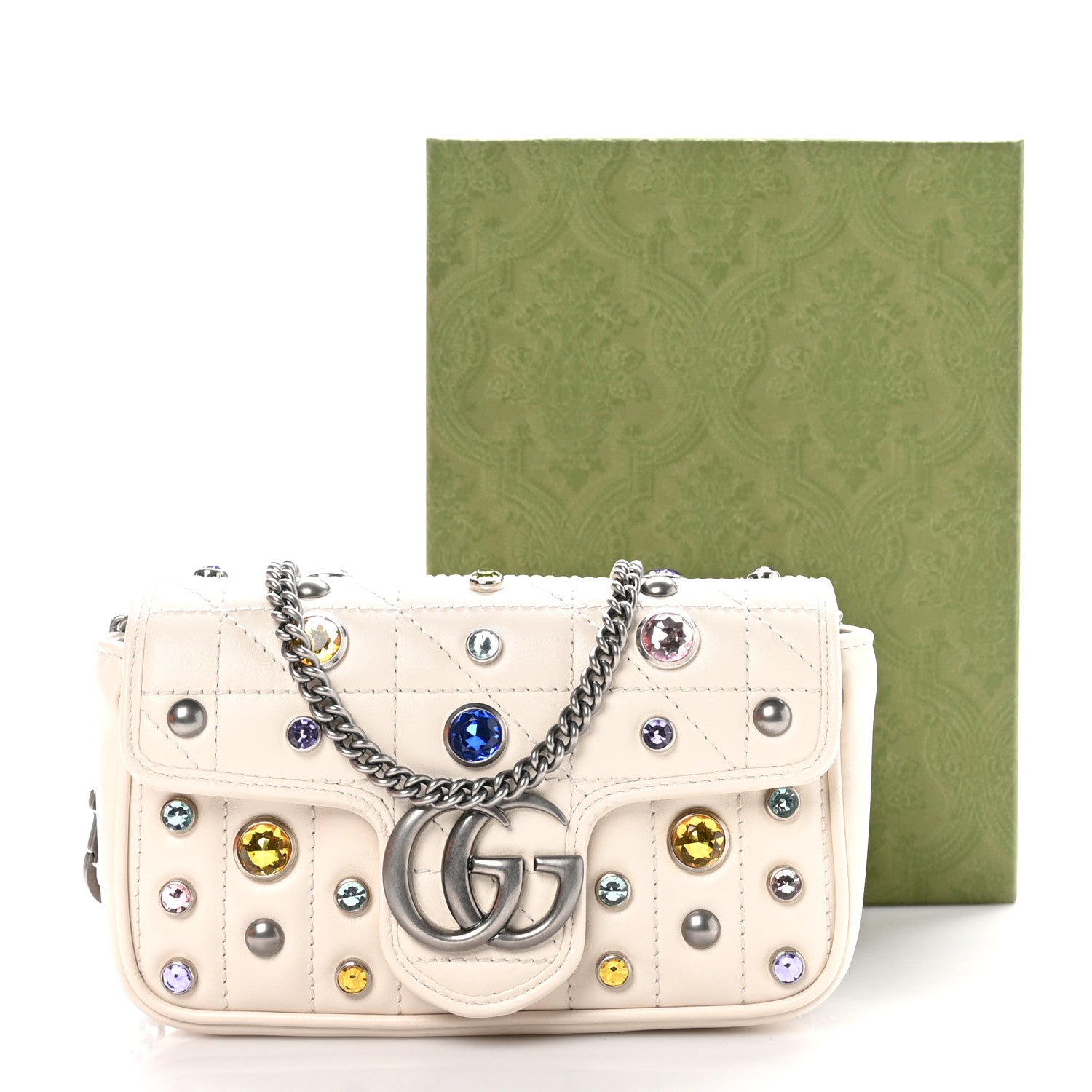 Gucci Calfskin Crystal Matelasse Aria Super Mini GG Marmont Shoulder Bag Mystic White Multicolor 11 of 11