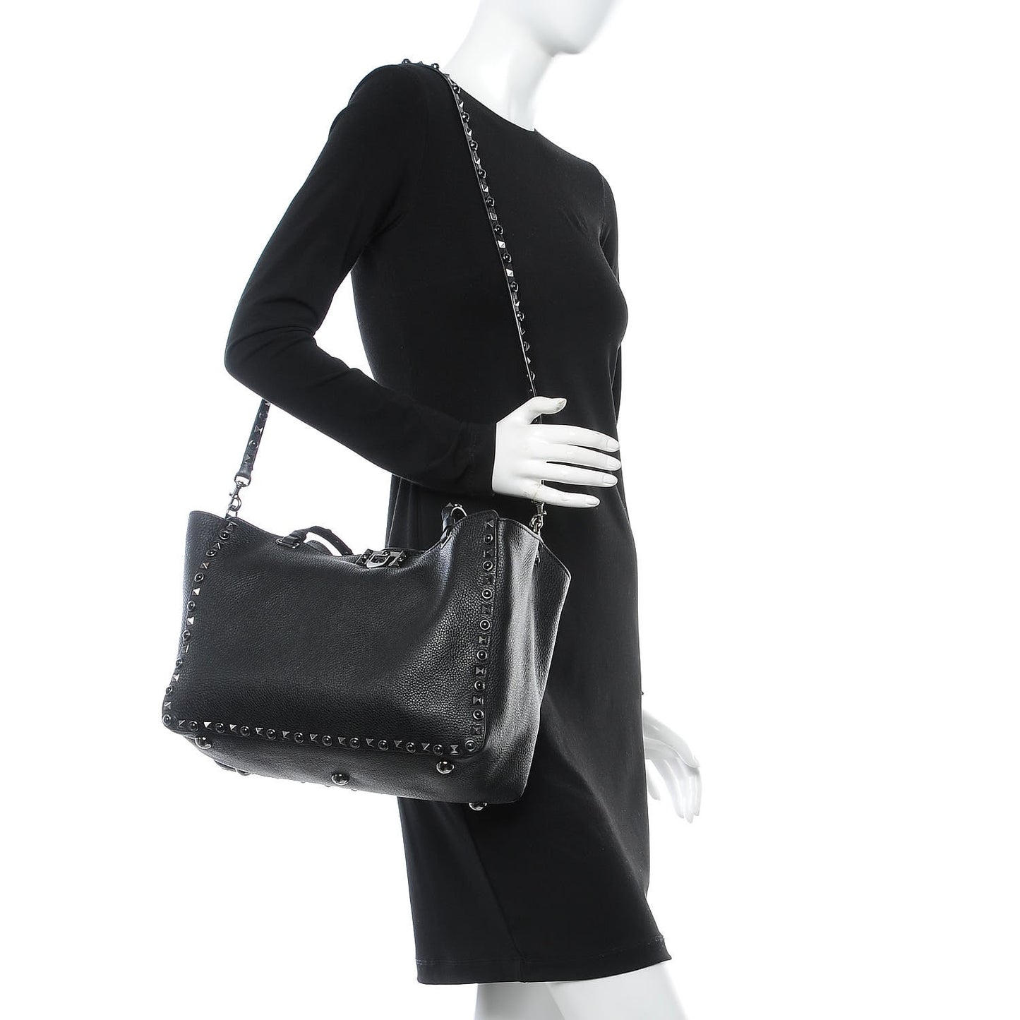Grained Calfskin Onyx Medium Rockstud Rolling Tote Black