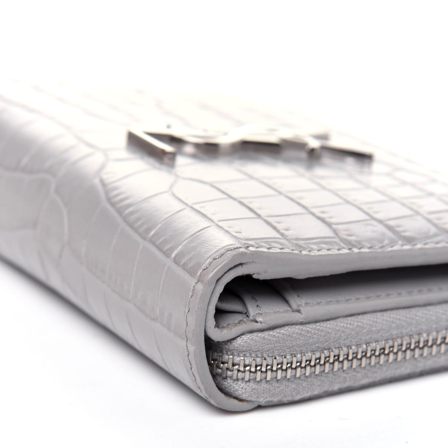 Calfskin Crocodile Embossed Monogram Compact Wallet Mouse Grey