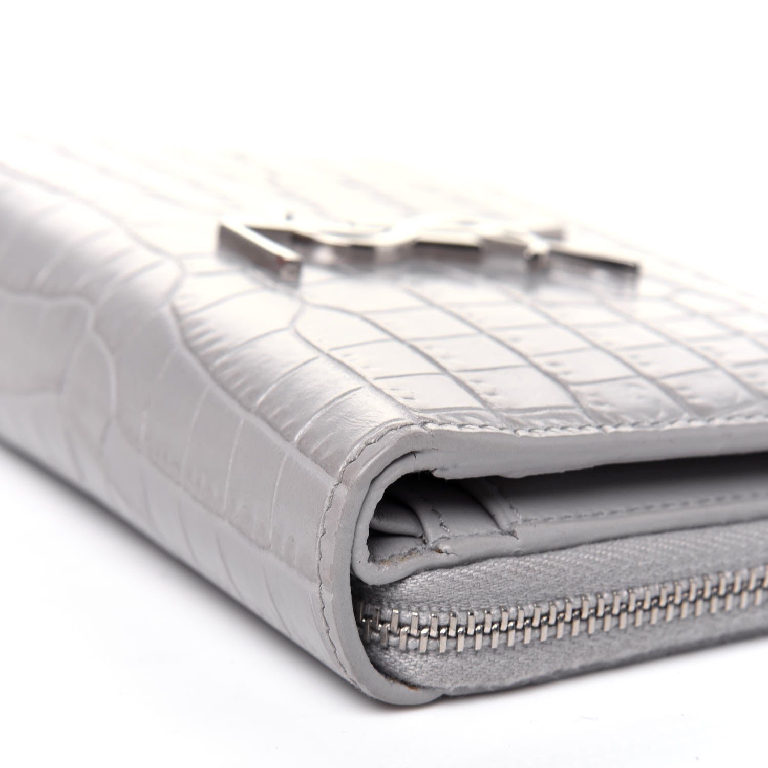 Saint Laurent Calfskin Crocodile Embossed Monogram Compact Wallet Mouse Grey 9 of 11