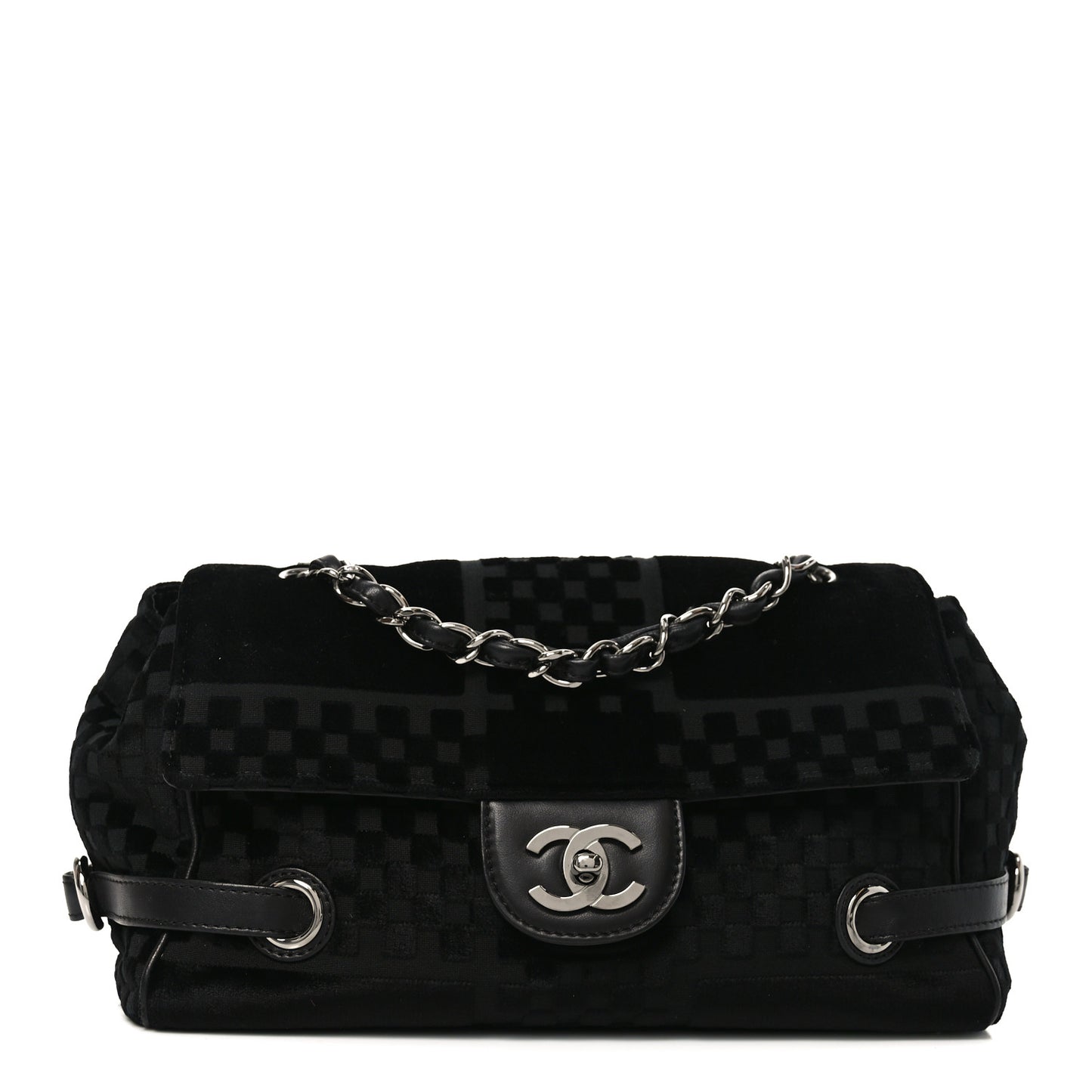 Velvet Checkered Flap Bag Black