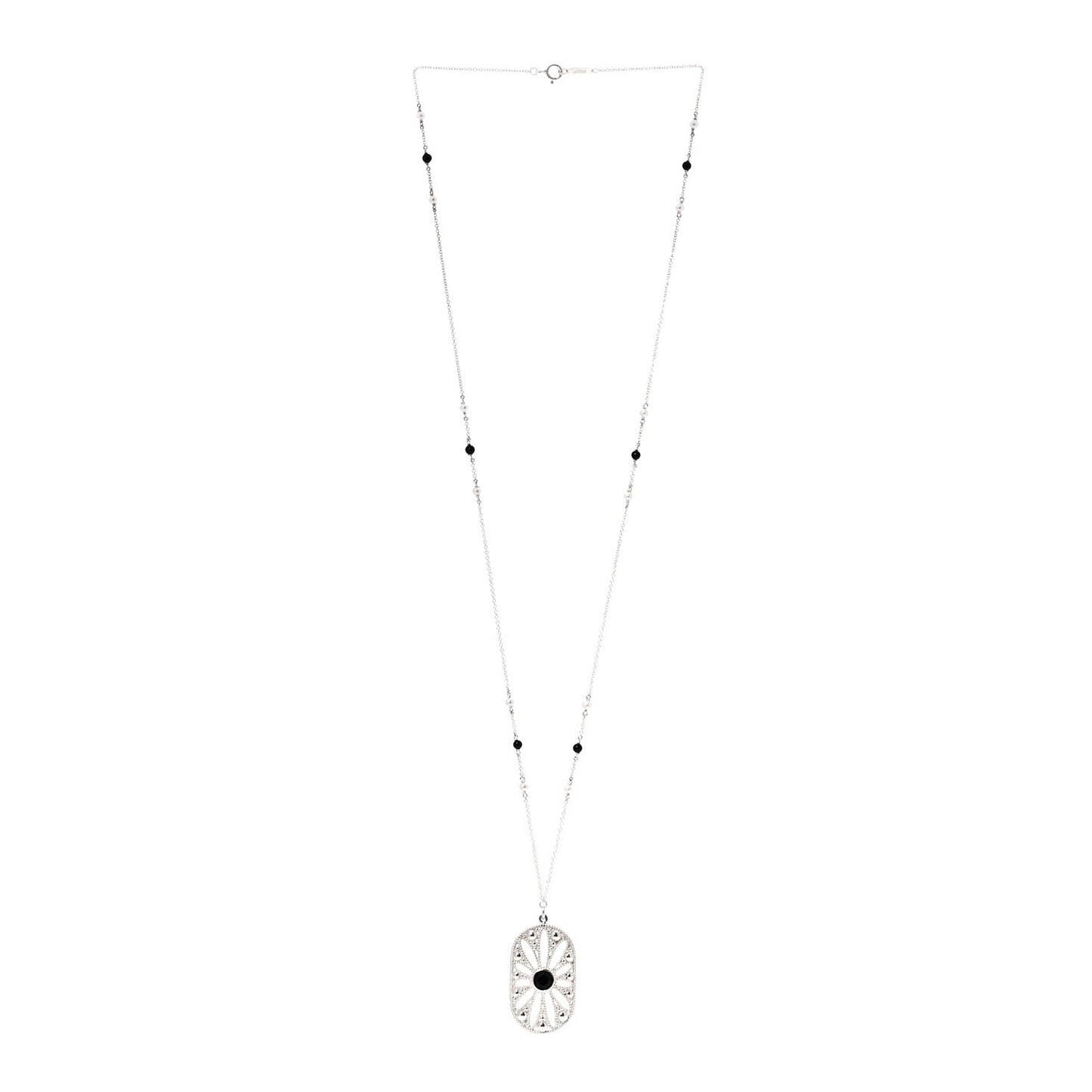 Sterling Silver Black Onyx Pearl Ziegfeld Daisy Pendant Necklace