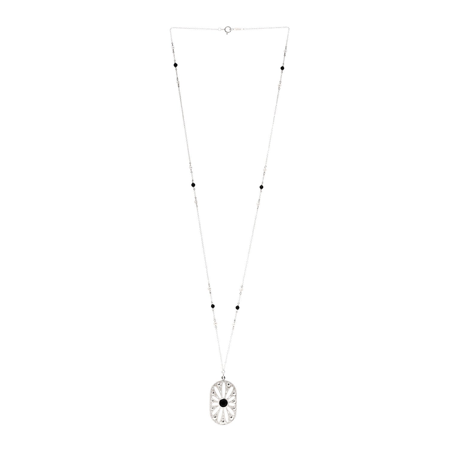 Tiffany Sterling Silver Black Onyx Pearl Ziegfeld Daisy Pendant Necklace 3 of 6
