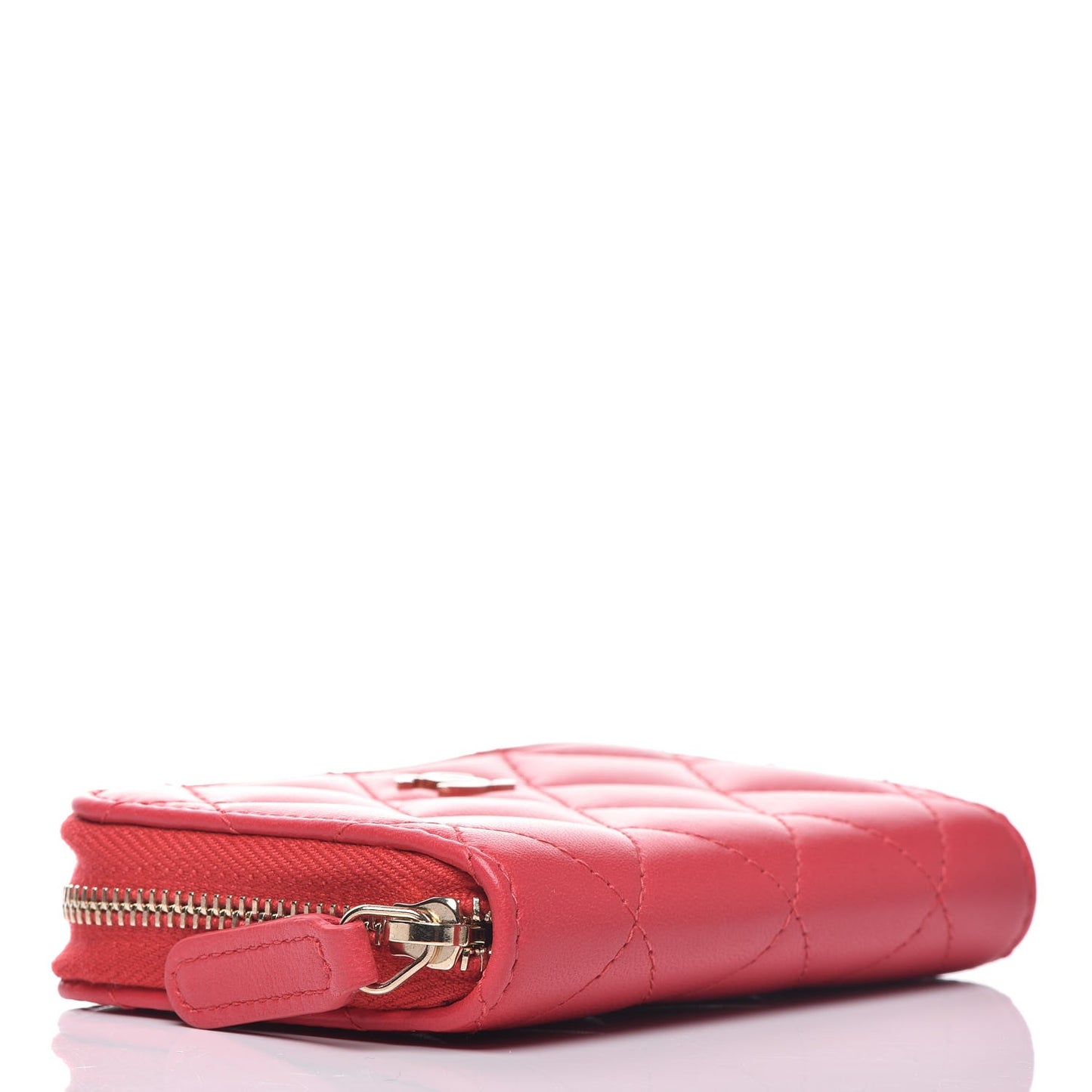Lambskin Quilted Zip Around Coin Purse Wallet Light Red