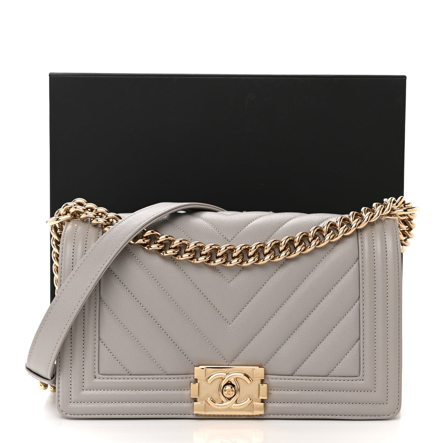 Caviar Chevron Quilted Medium Boy Flap Grey