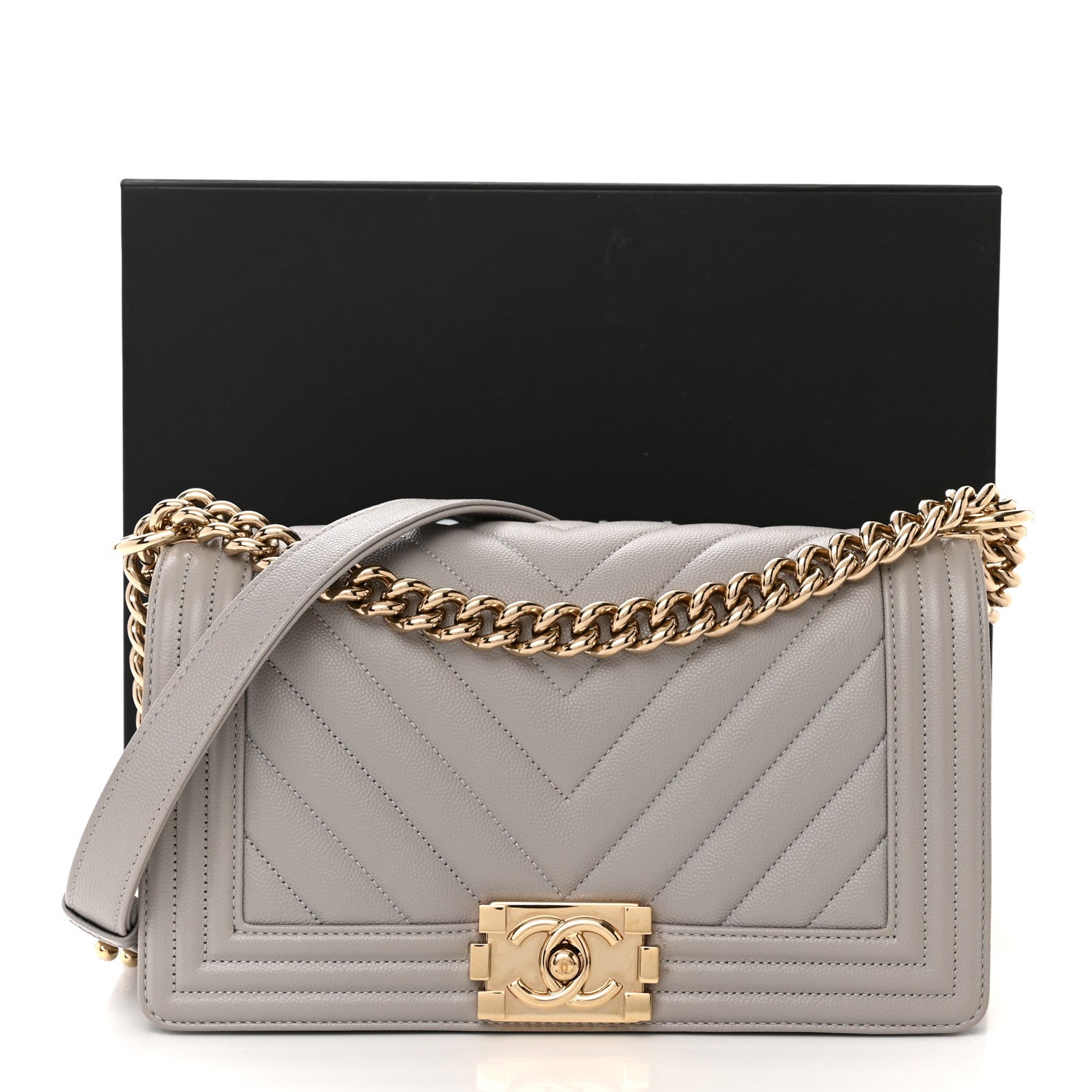Chanel Caviar Chevron Quilted Medium Boy Flap Grey 11 of 12
