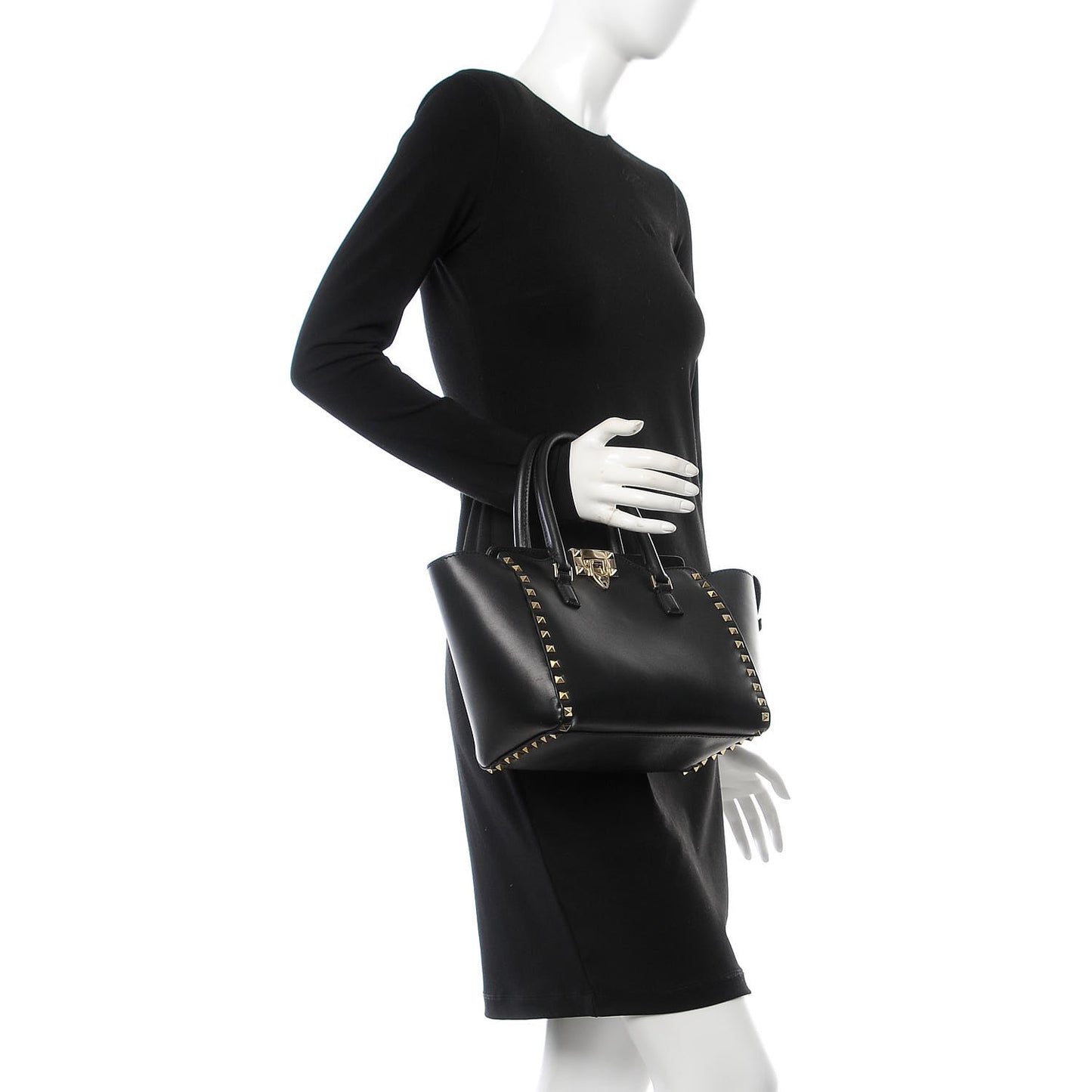 Vitello Small Rockstud Double Handle Tote Black