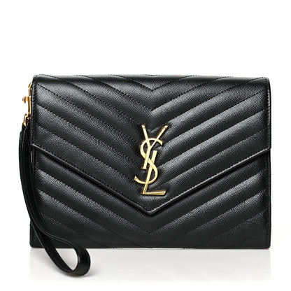 Saint Laurent Grain De Poudre Matelasse Chevron Monogram Envelope Clutch Black 1 of 11
