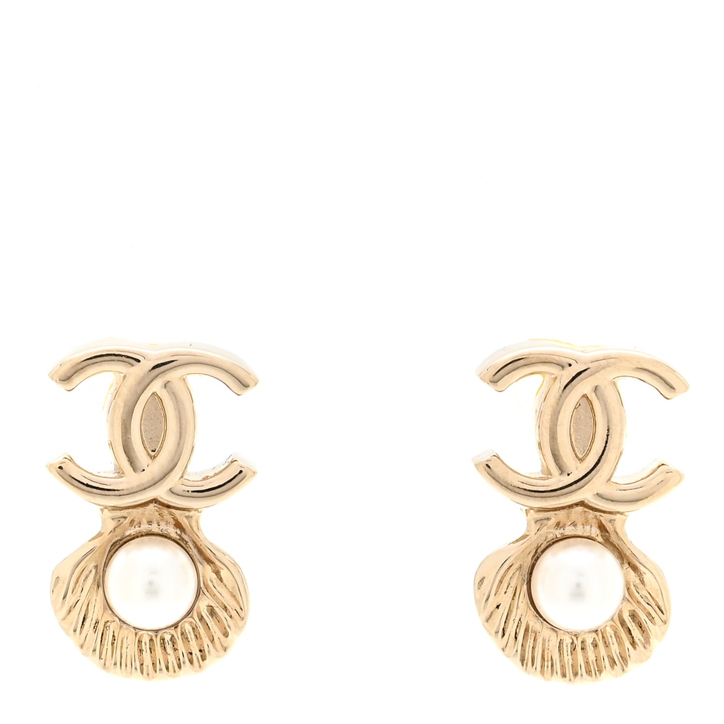 Pearl CC Shell Earrings Gold Pearly White