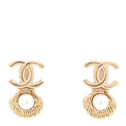 Chanel Pearl CC Shell Earrings Gold Pearly White 1 of 5