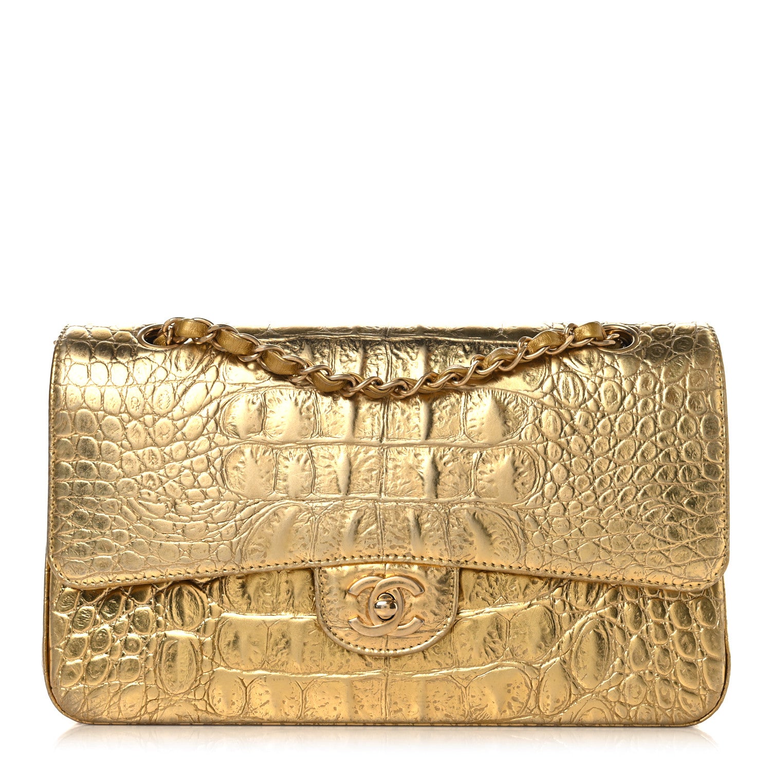 Chanel Metallic Calfskin Crocodile Embossed Cocodile Medium Double Flap Gold 1 of 12