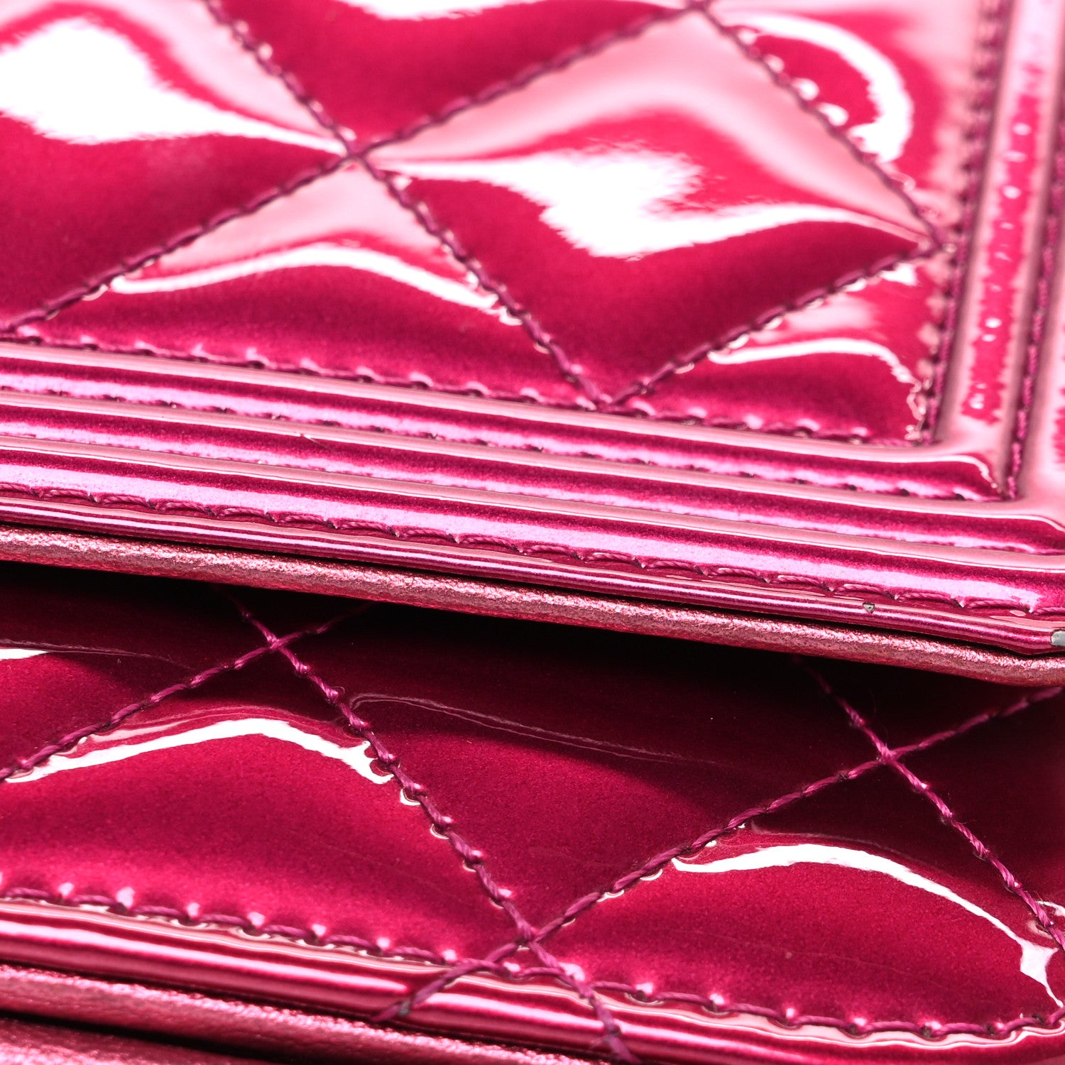 Chanel Metallic Patent Calfskin Quilted Boy Wallet On Chain WOC Fuchsia 12 of 13